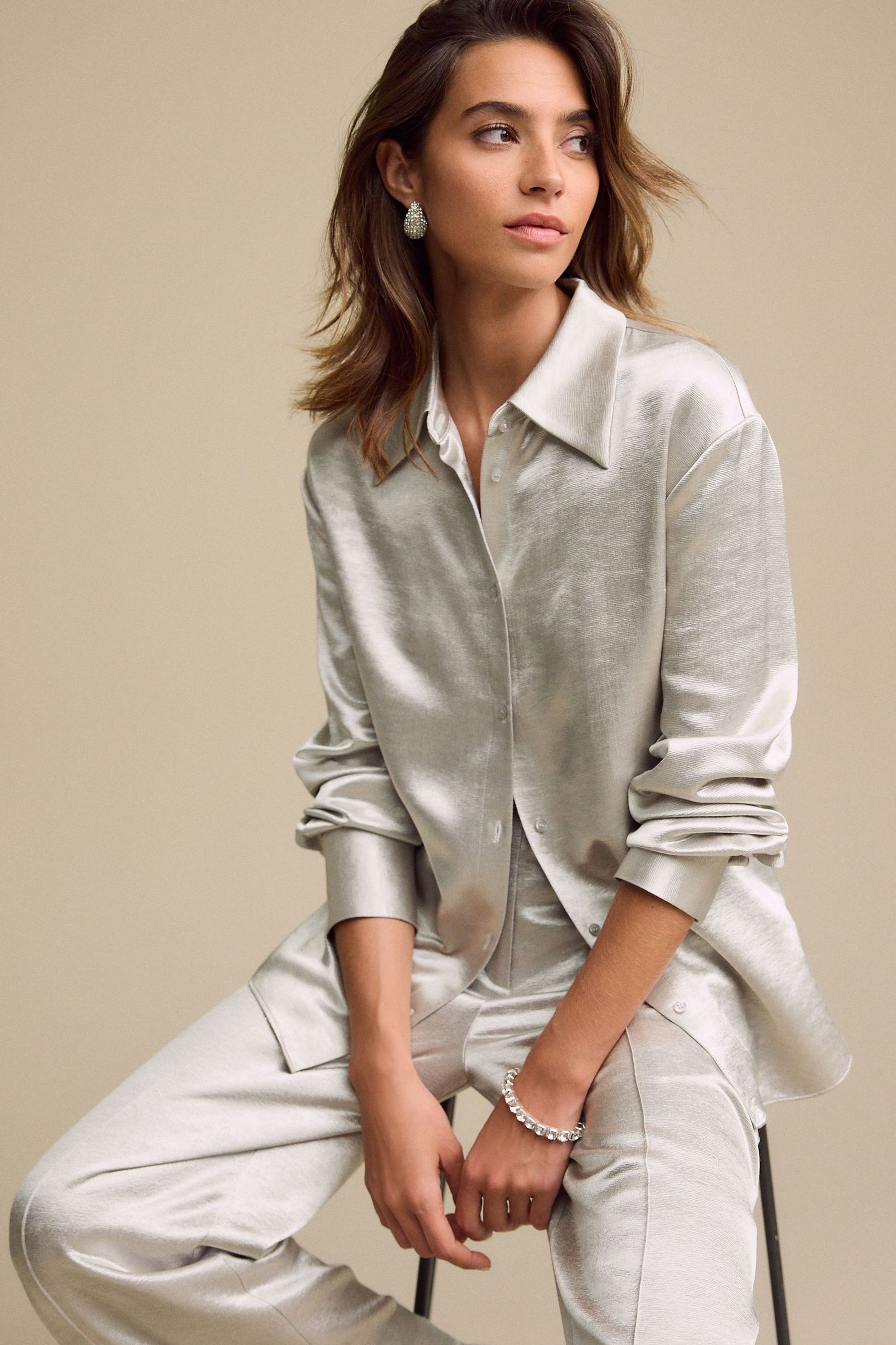 Buy Silver Textured Metallic Satin Shirt from Next Netherlands