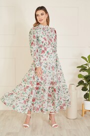 Yumi Pink Tiered Long Sleeve High Neck Maxi Dress With Lace Trims - Image 1 of 5