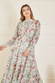 Yumi Pink Tiered Long Sleeve High Neck Maxi Dress With Lace Trims - Image 3 of 5