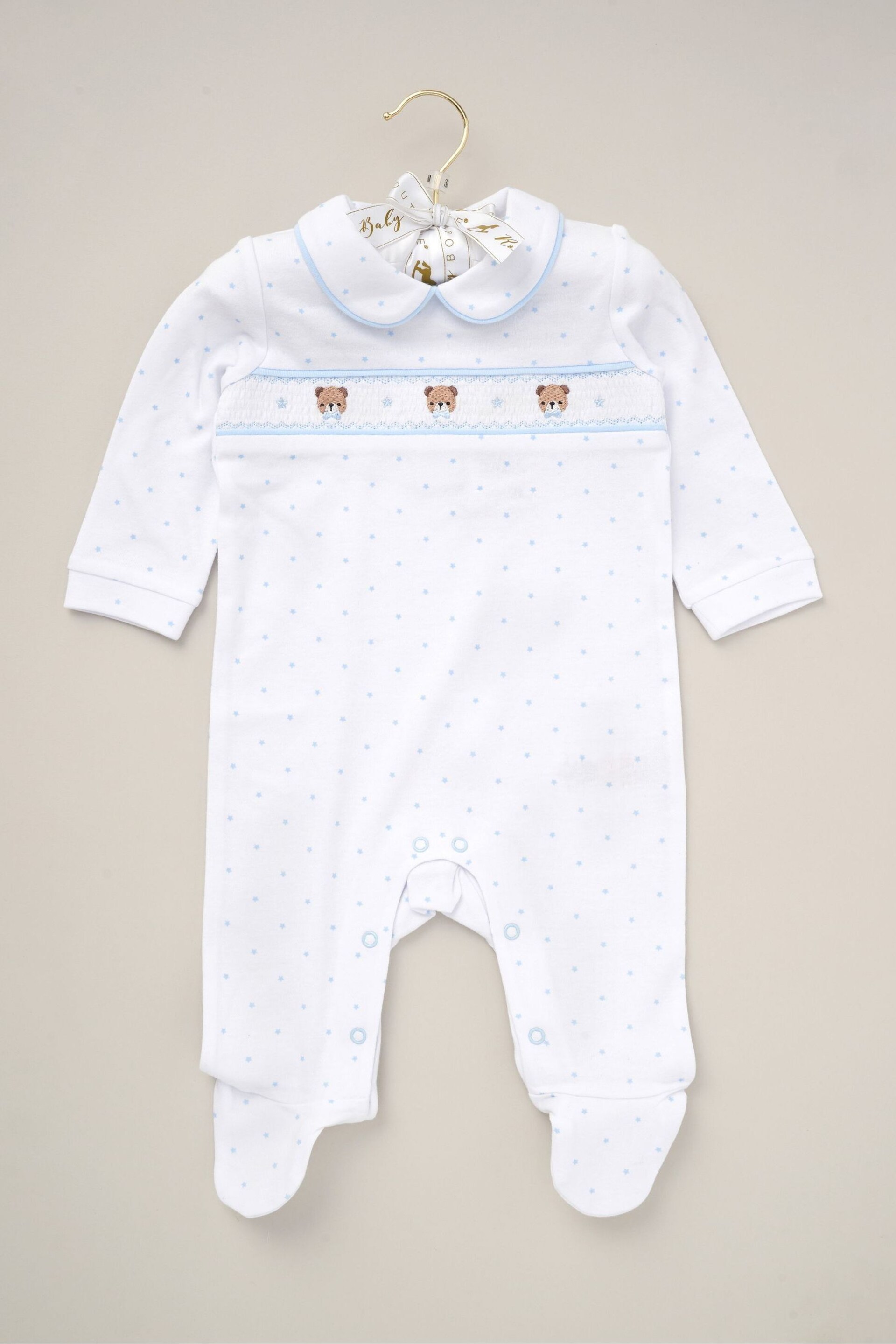 Rock-A-Bye Baby Boutique Blue Mock Waistcoat All-in-One Sleepsuit - Image 1 of 3