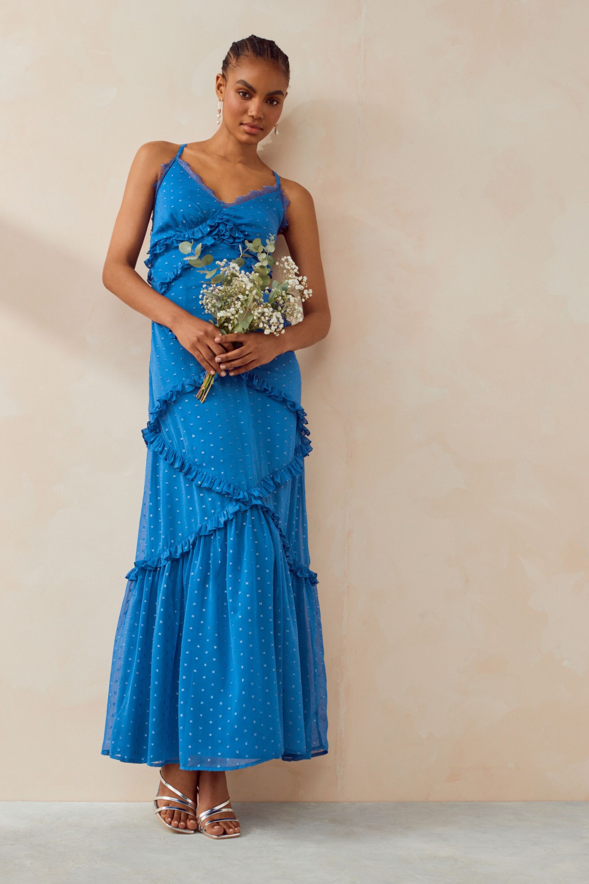 Anaya With Love Blue Metallic Flock Maxi Dress With Ruffles - Image 1 of 4