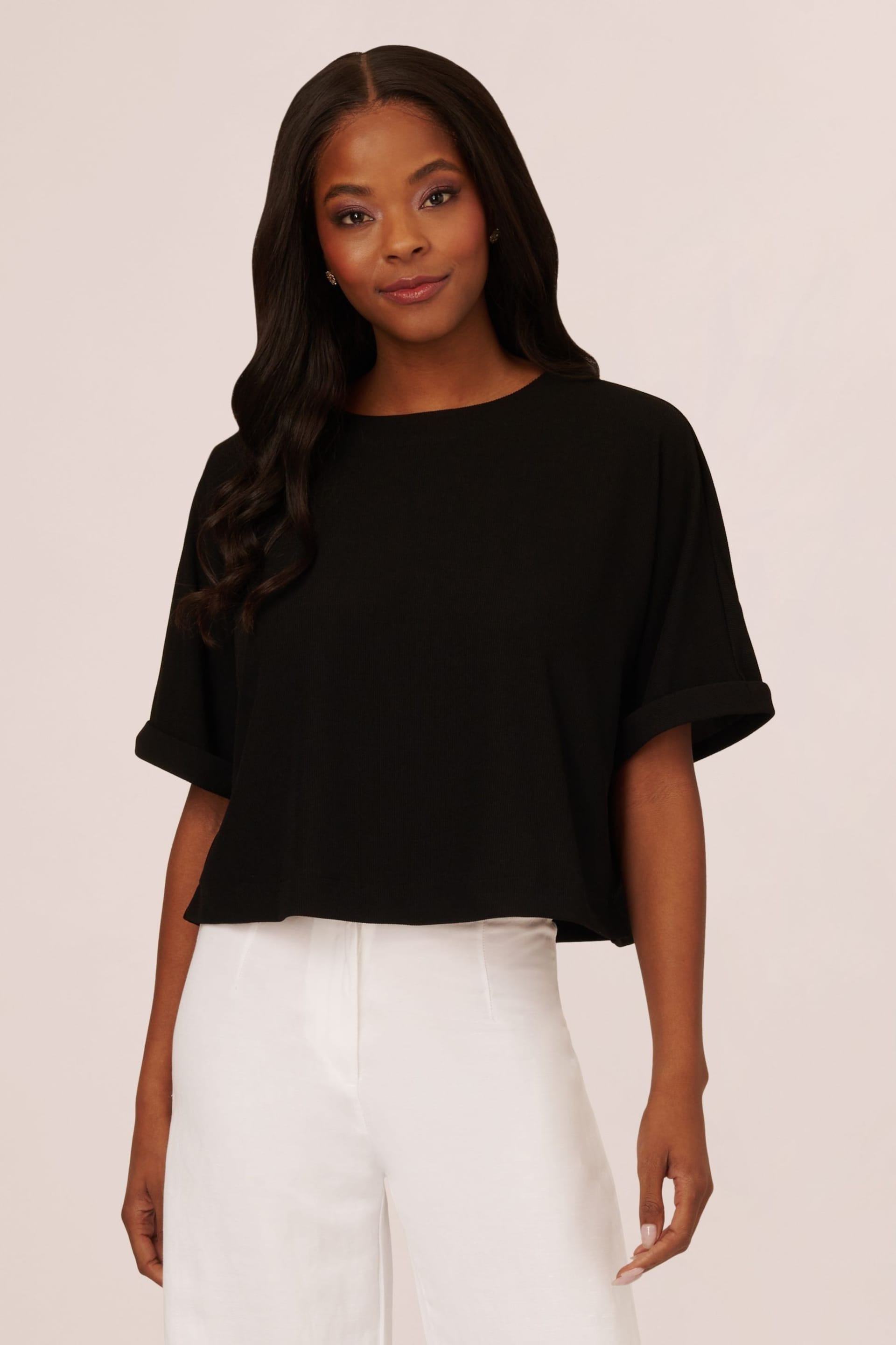 Adrianna Papell Mini Rib Crop Button Back Knit Black Top - Image 1 of 6