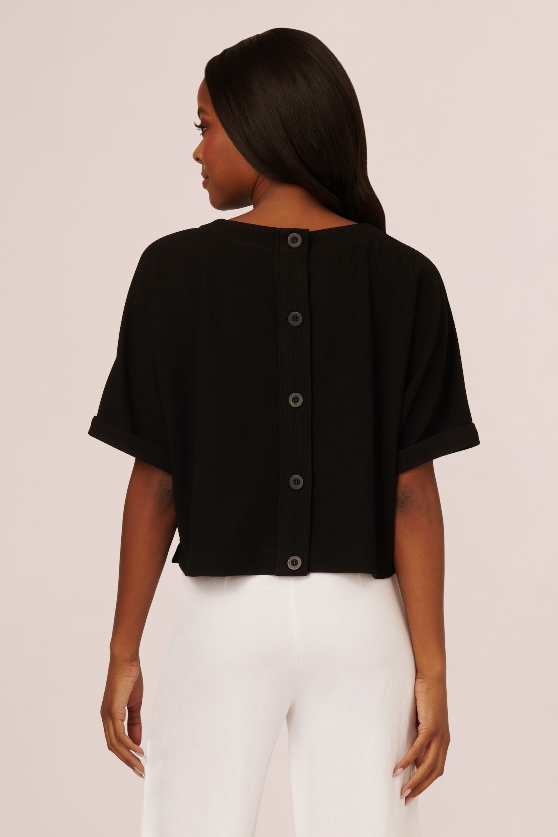 Adrianna Papell Mini Rib Crop Button Back Knit Black Top - Image 2 of 6