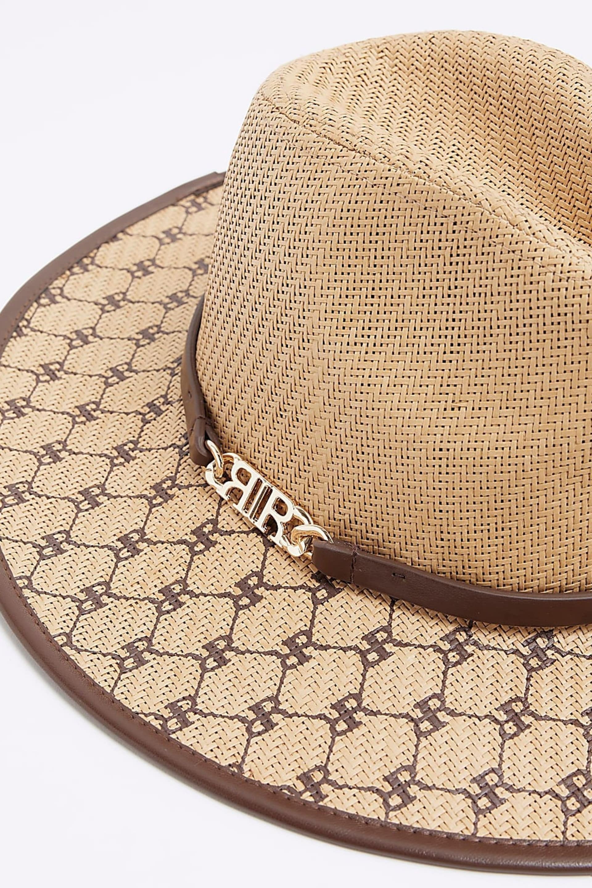 River Island Brown Monogram Natural Fedora Hat - Image 3 of 4