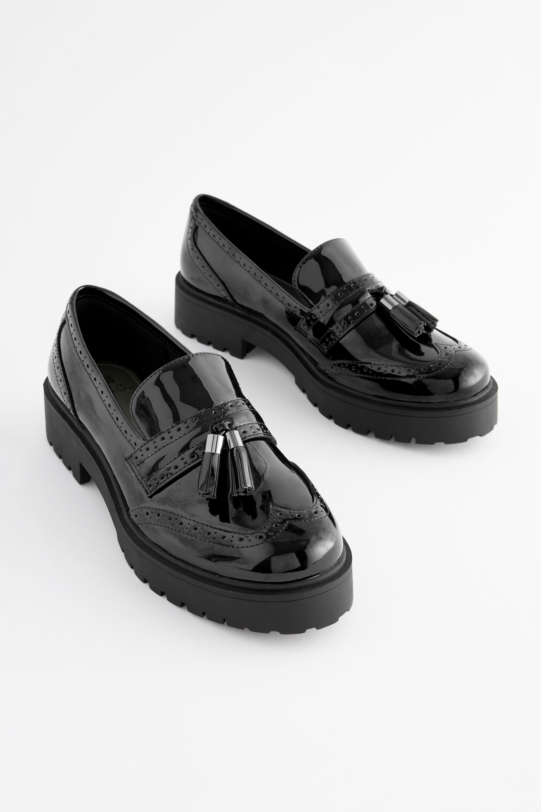Buy Black Patent Forever Comfort Chunky Brogue Tassel Loafers from the Next UK online shop