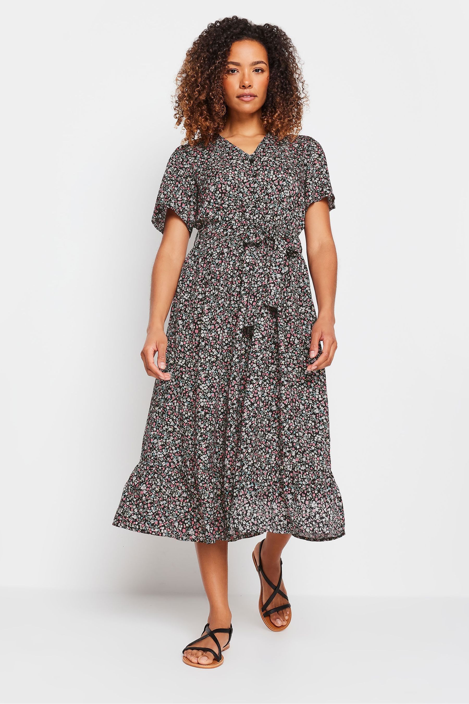 Floral print short sleeve tie waist maxi dress shop