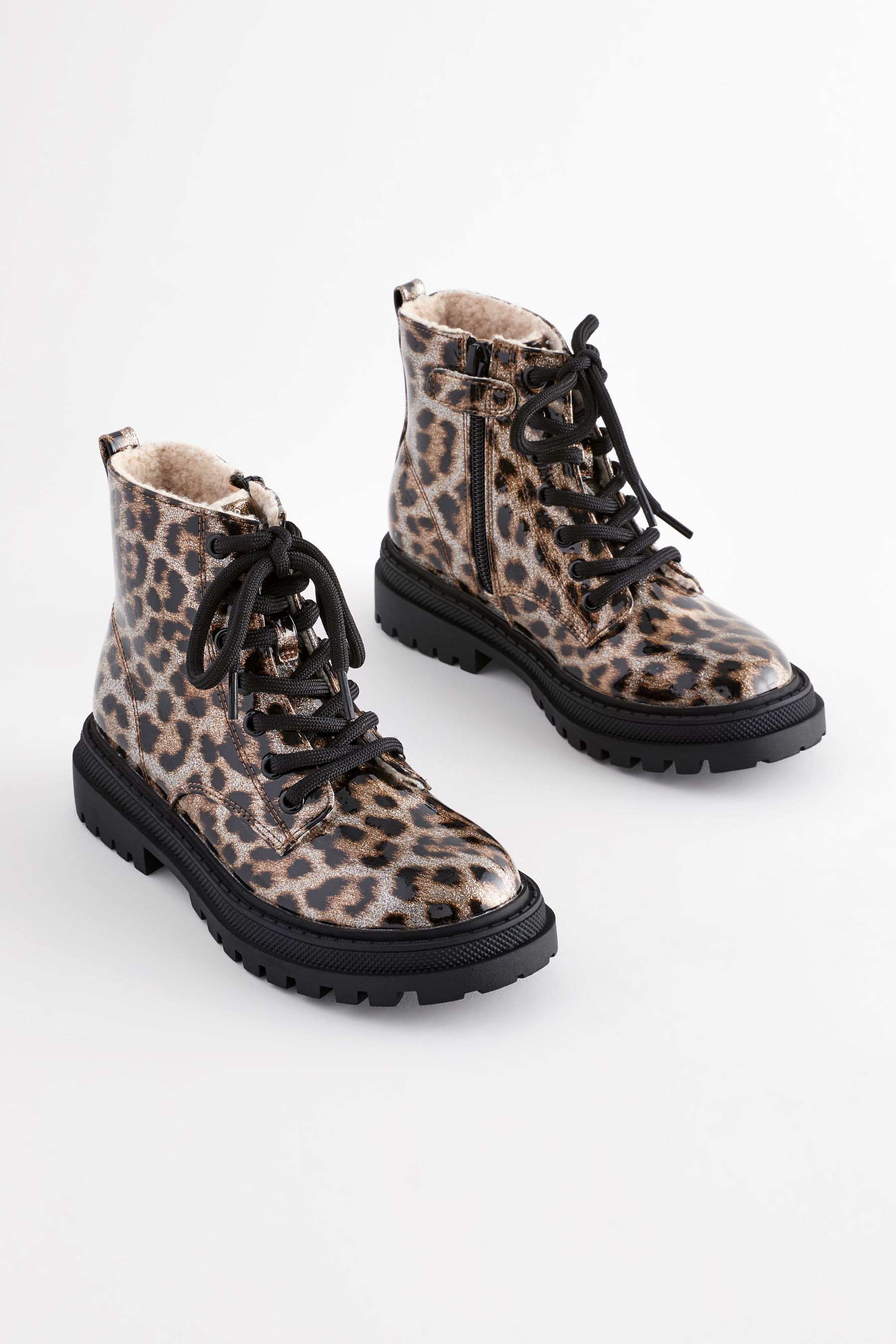 NEXT Brown Animal Print Standard Fit F Warm Lined Lace Up Ankle Boots us8 Girls