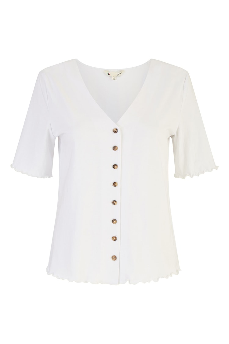 Yumi White 100% Cotton Button Detail T-Shirt - Image 4 of 4