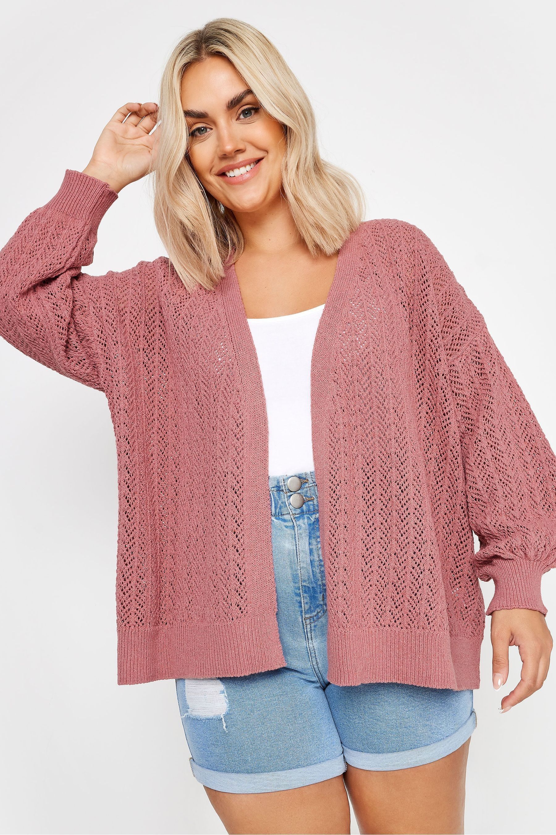 Buy Yours Curve Pink Pointelle Balloon Sleeve Cardigan from the Next UK online shop