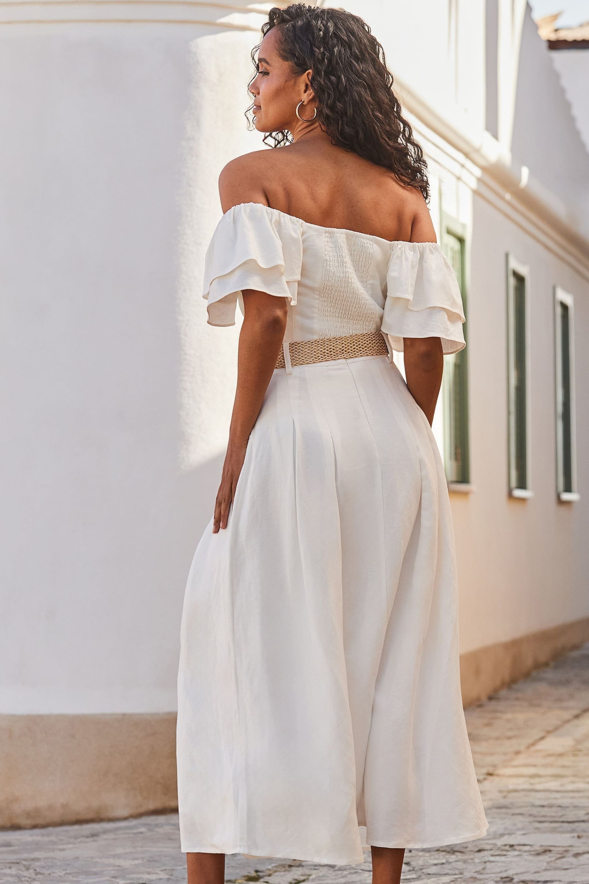 Sosandar Cream Linen Blend Midi Skirt - Image 4 of 5