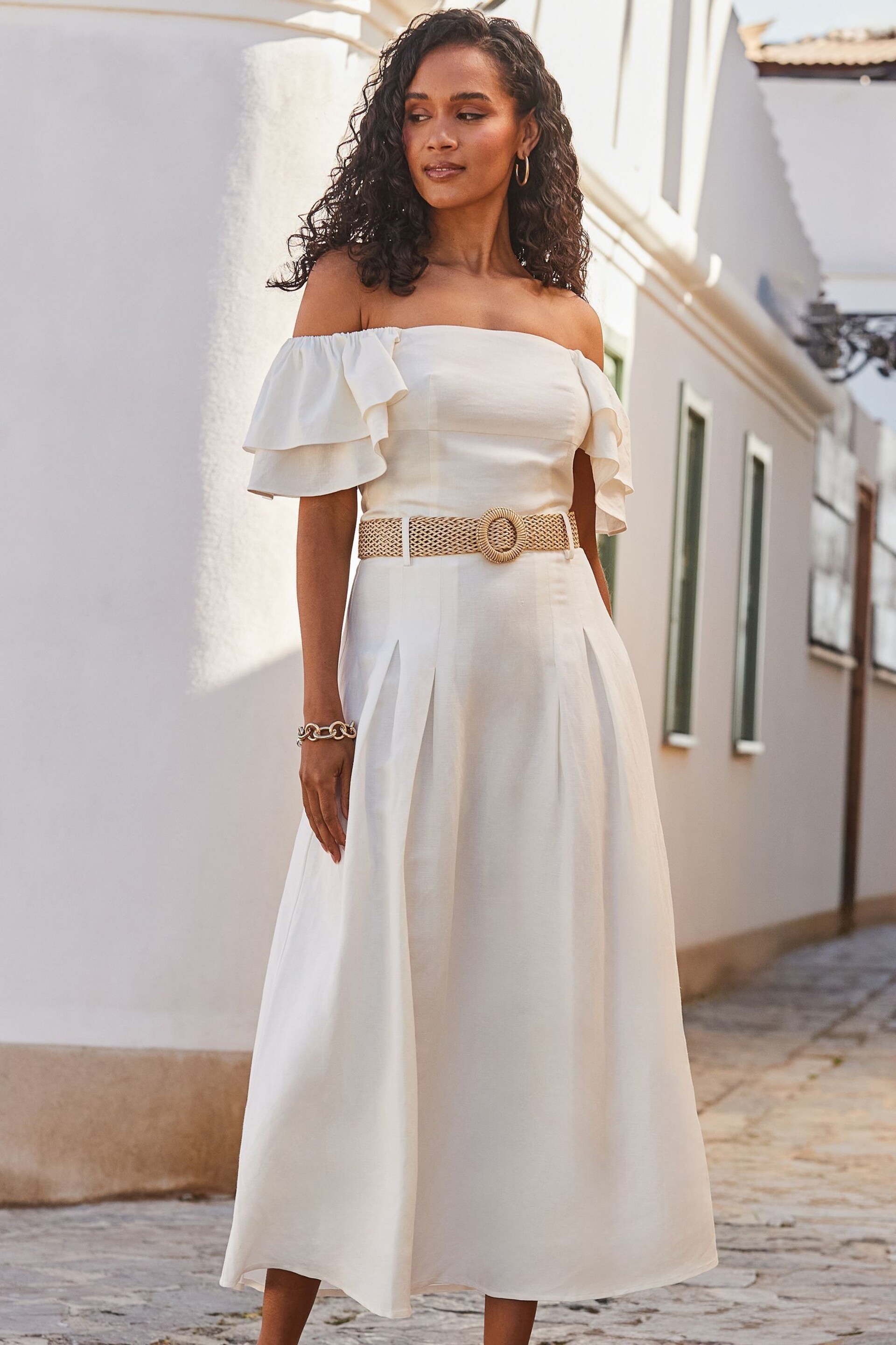 Sosandar Cream Linen Blend Midi Skirt - Image 5 of 5