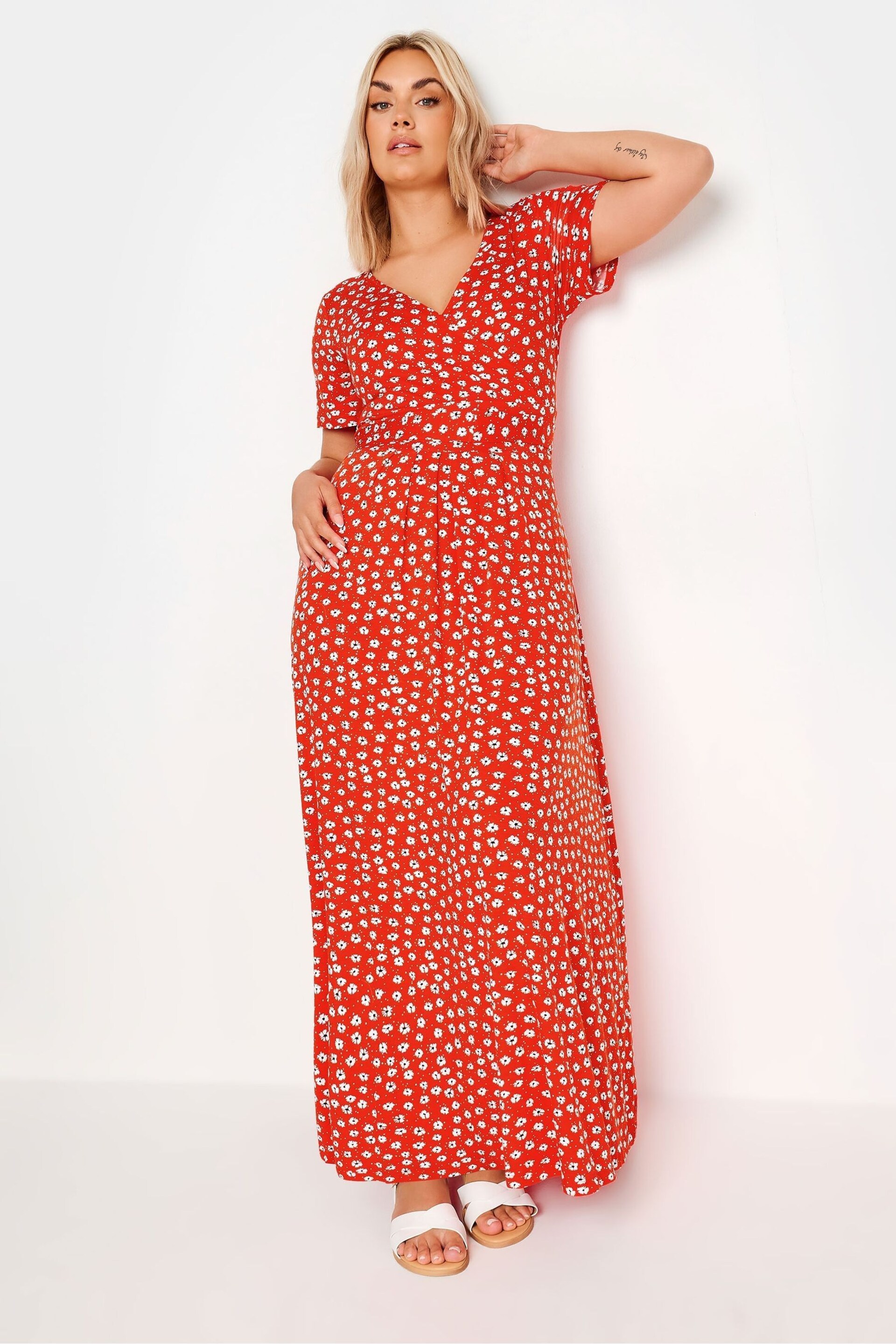 Yours Curve Orange Ditsy Floral Print Wrap Maxi Dress - Image 2 of 5