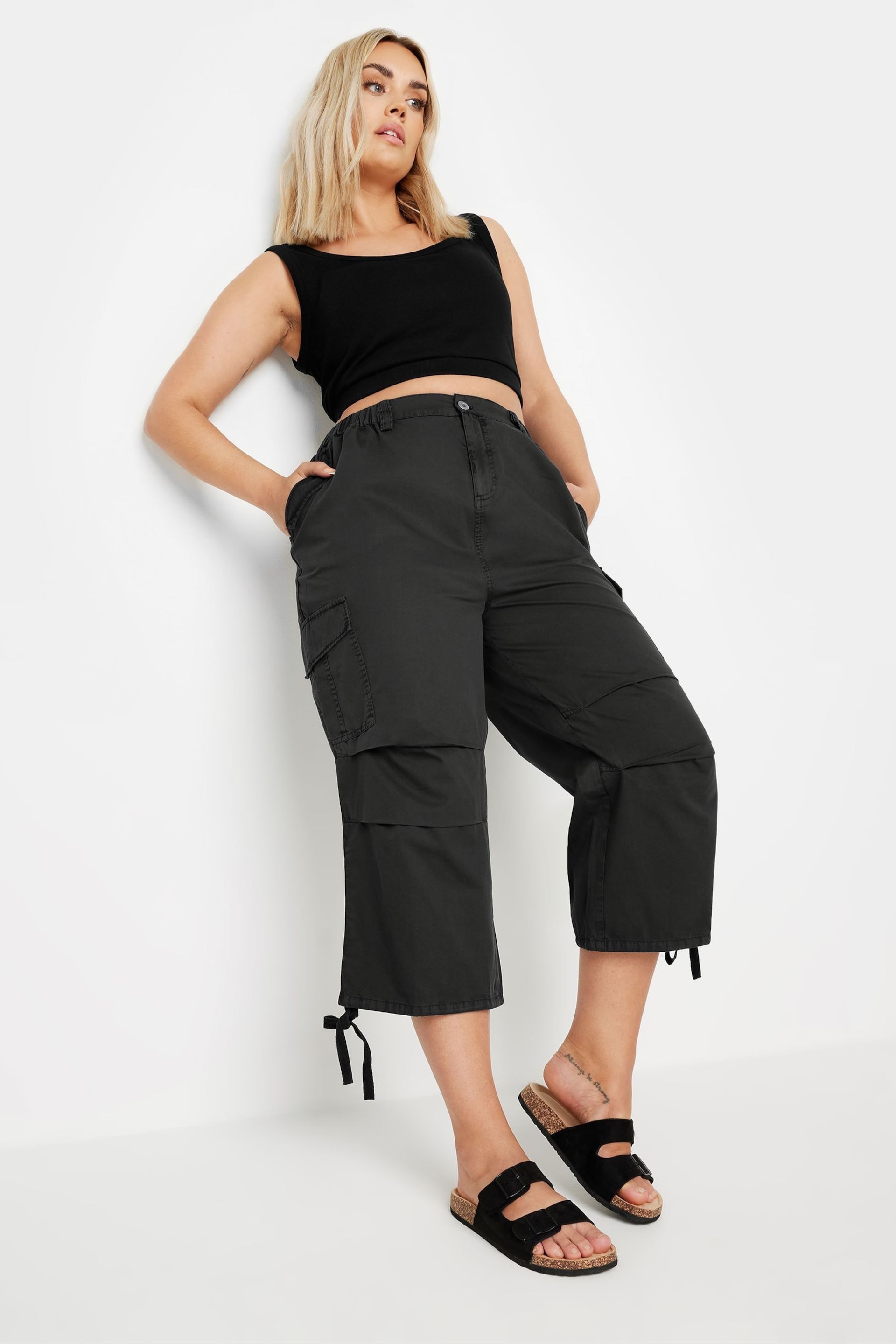 Yours Curve Black Cargo Cropped Trousers - Image 2 of 5