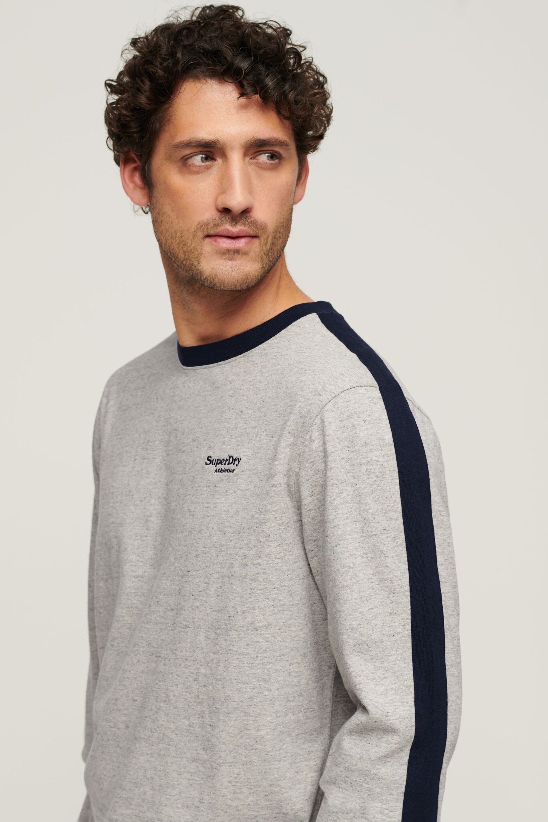 Superdry Grey Essential Logo Retro Stripe Long Sleeve Top - Image 3 of 6