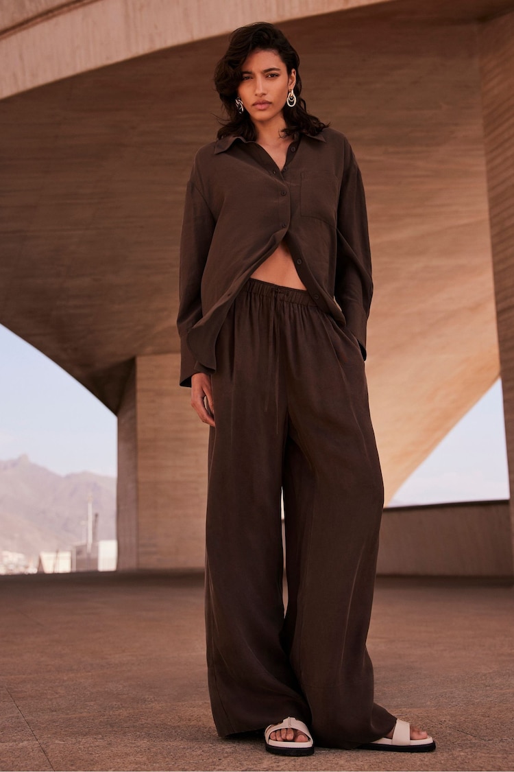 Mint Velvet Brown Drawstring Wide Trousers - Image 1 of 4