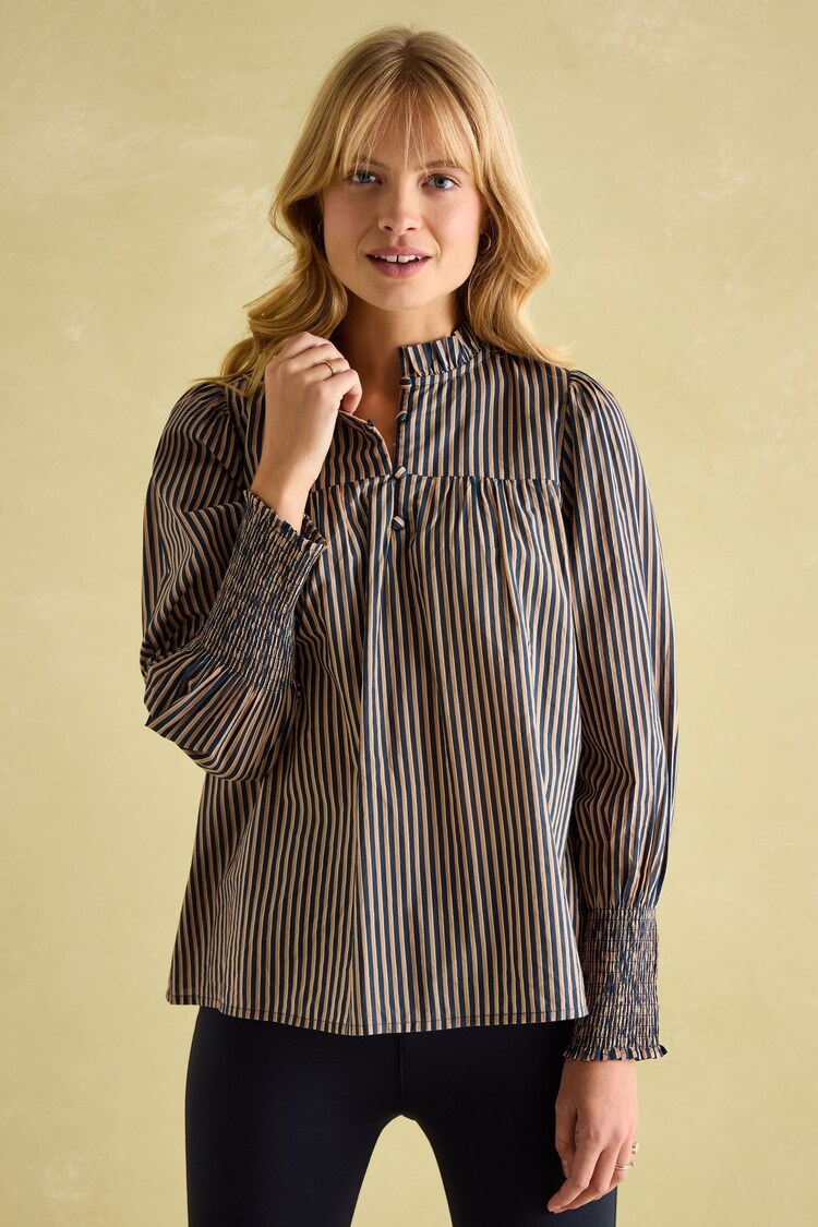 Joules Mariella Navy Stripe Cotton Frill Neck Blouse - Image 1 of 7