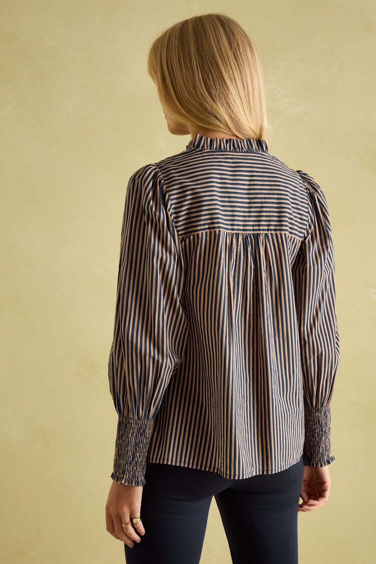 Joules Mariella Navy Stripe Cotton Frill Neck Blouse - Image 2 of 7