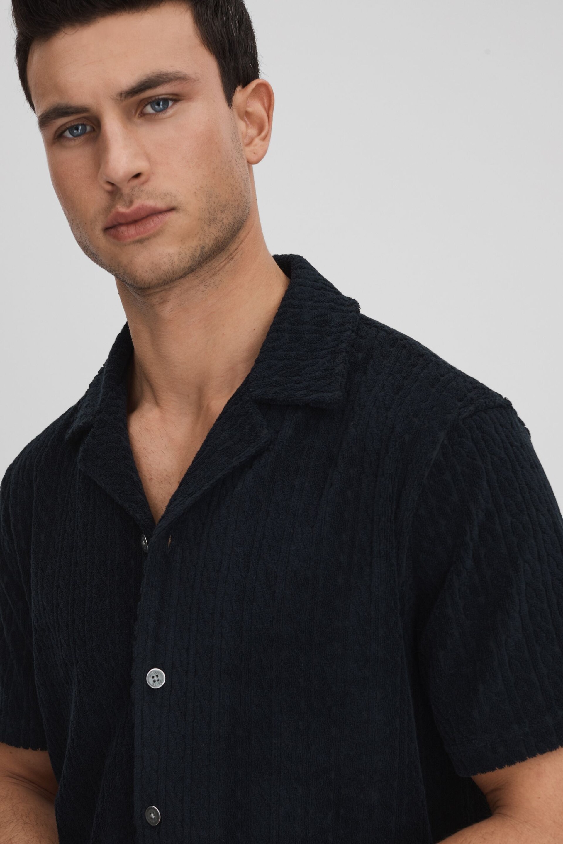 Reiss Navy Bay Towelling Cuban Collar Shirt - Image 4 of 6