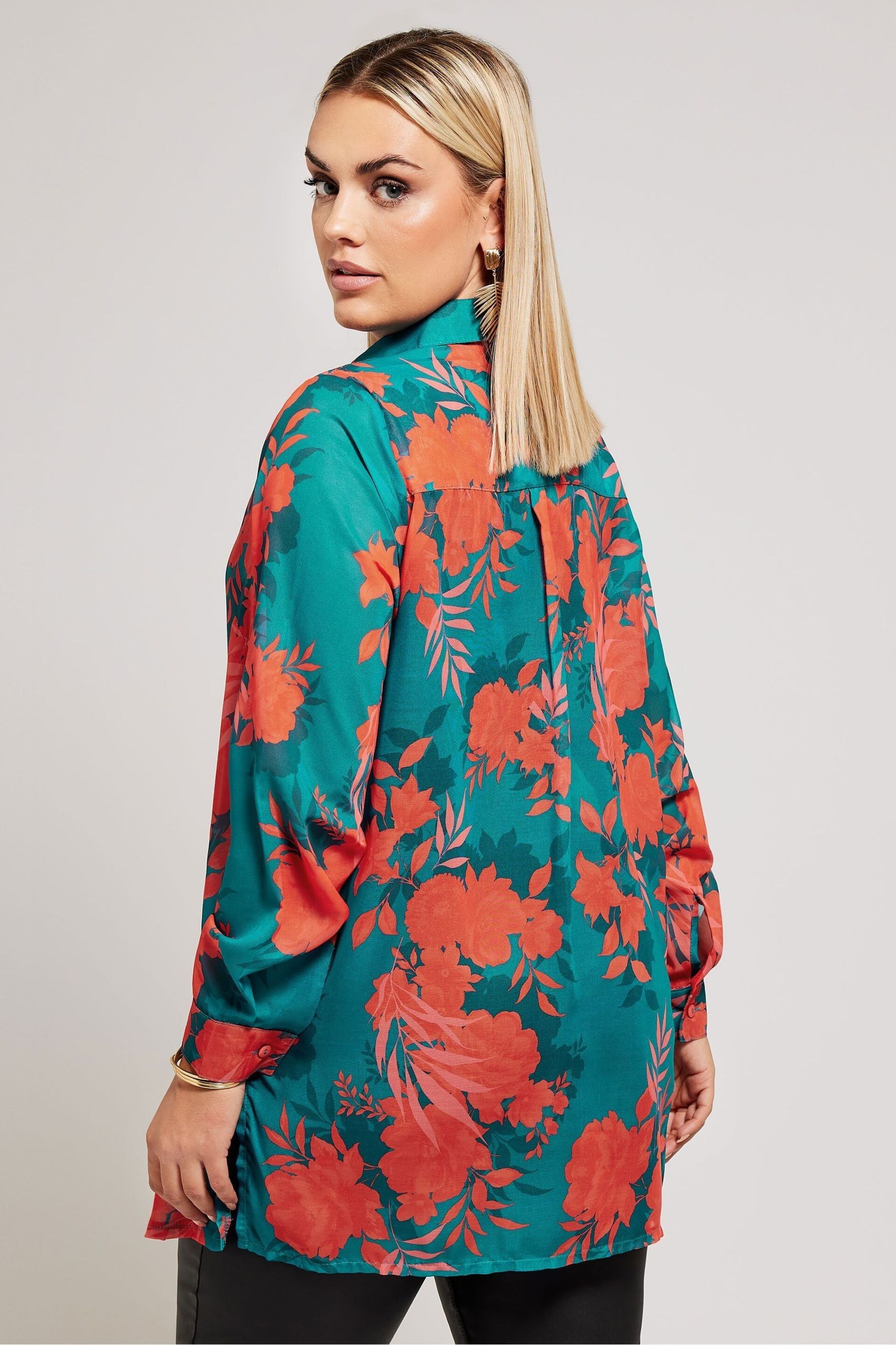 Yours Curve Green London Floral Print Shirt - Image 3 of 5