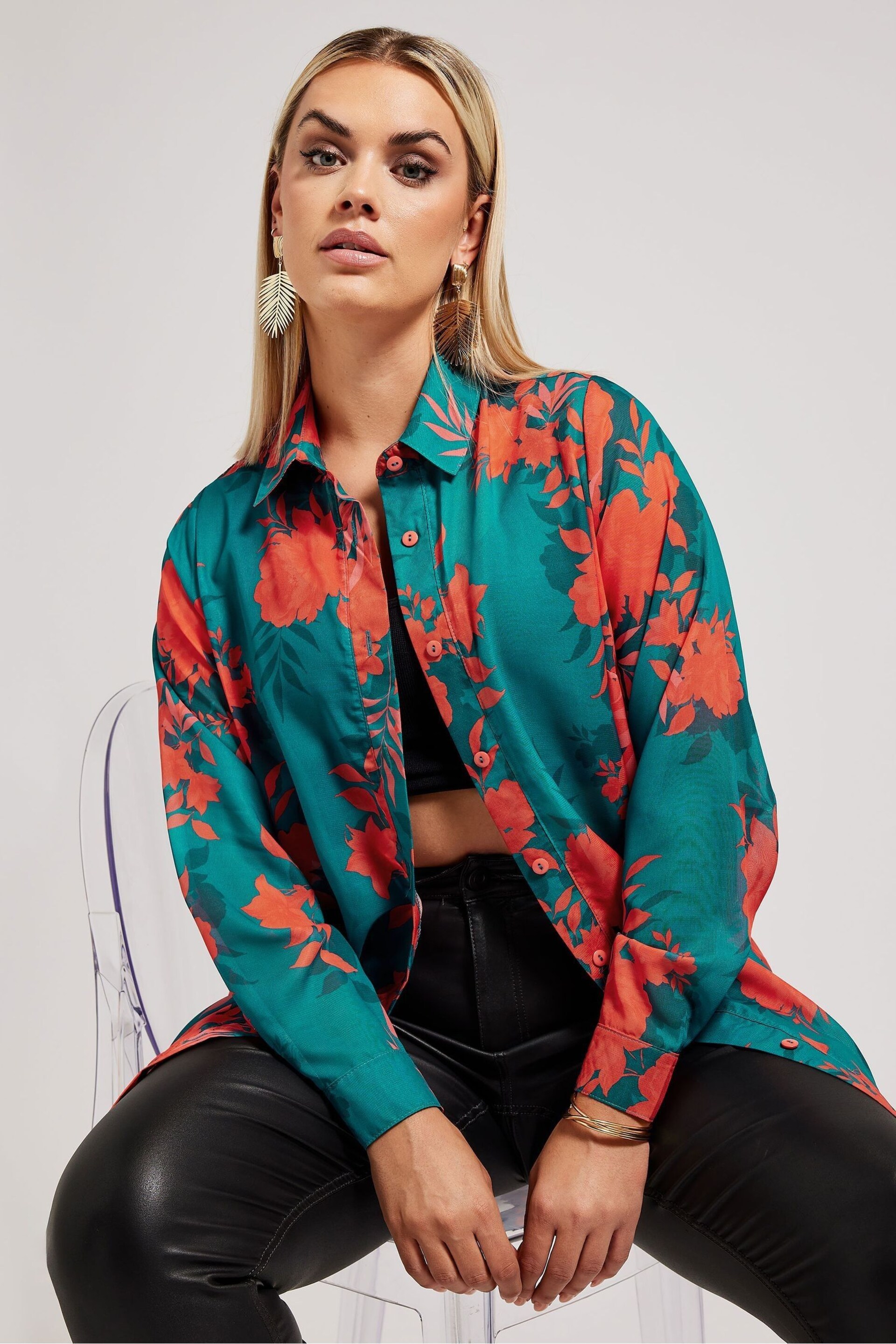 Yours Curve Green London Floral Print Shirt - Image 4 of 5