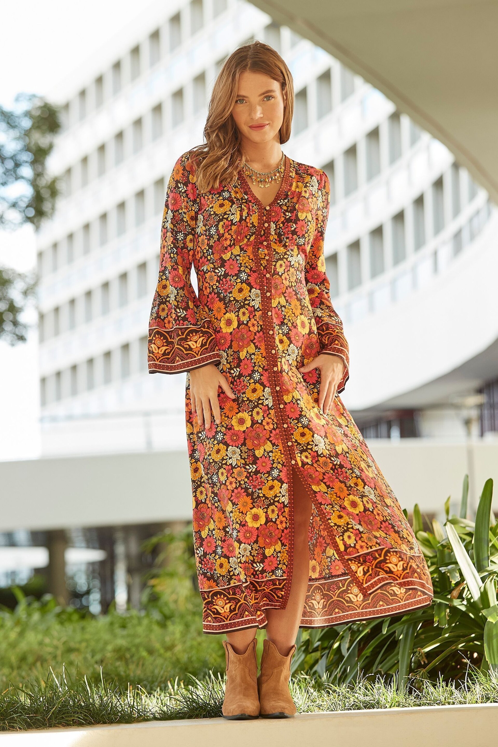 Joe Browns Orange Retro Floral Flared Maxi Dress - Image 1 of 7