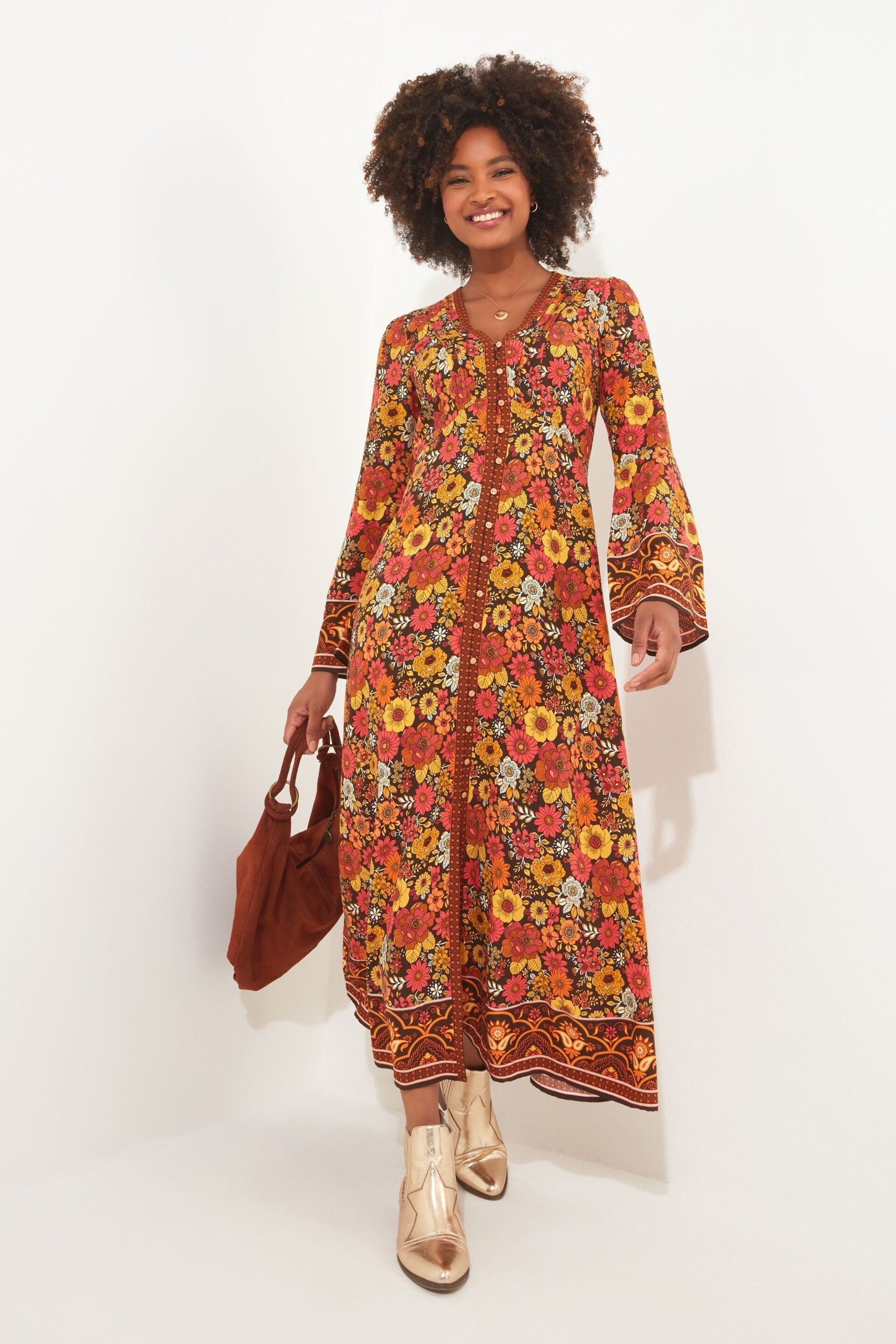 Joe Browns Orange Retro Floral Flared Maxi Dress - Image 3 of 7