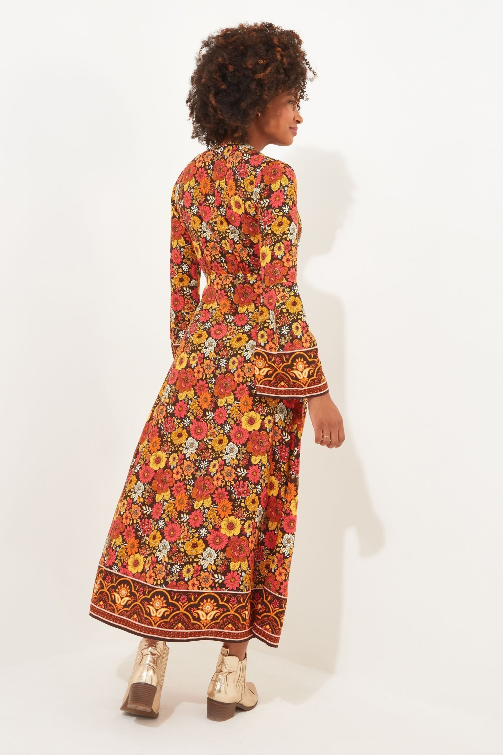 Joe Browns Orange Retro Floral Flared Maxi Dress - Image 4 of 7