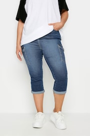 Yours Curve Mid Blue Denim Cropped Cargo Jeans - Image 1 of 5