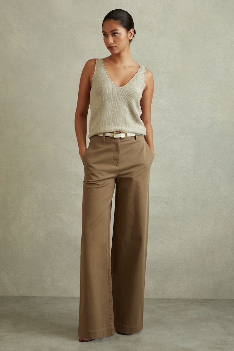 Reiss Dark Camel Eva Petite Cotton Blend Wide Leg Trousers - Image 1 of 7