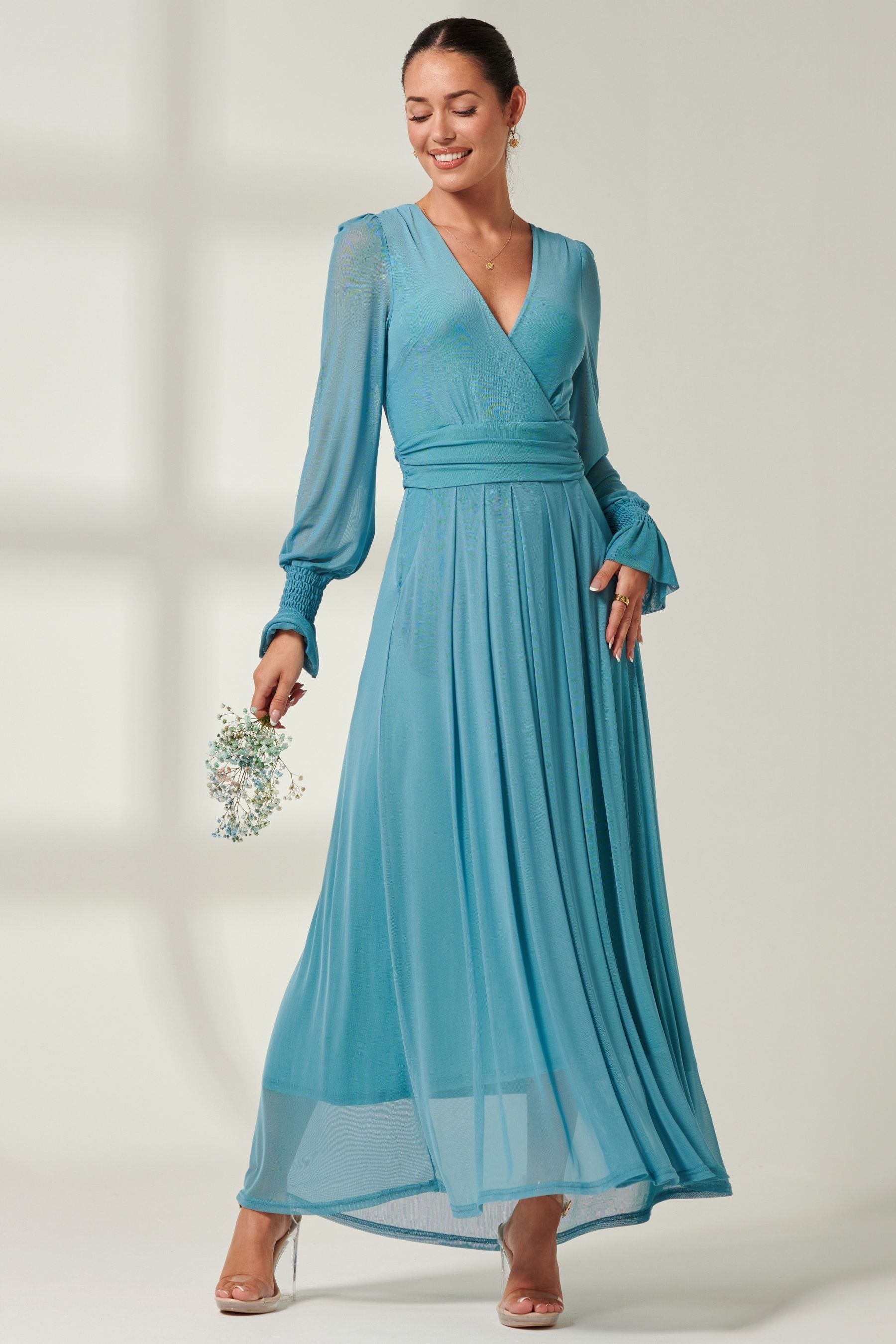 Buy Jolie Moi Blue Greta Long Sleeve Mesh Maxi Dress from the Next UK ...