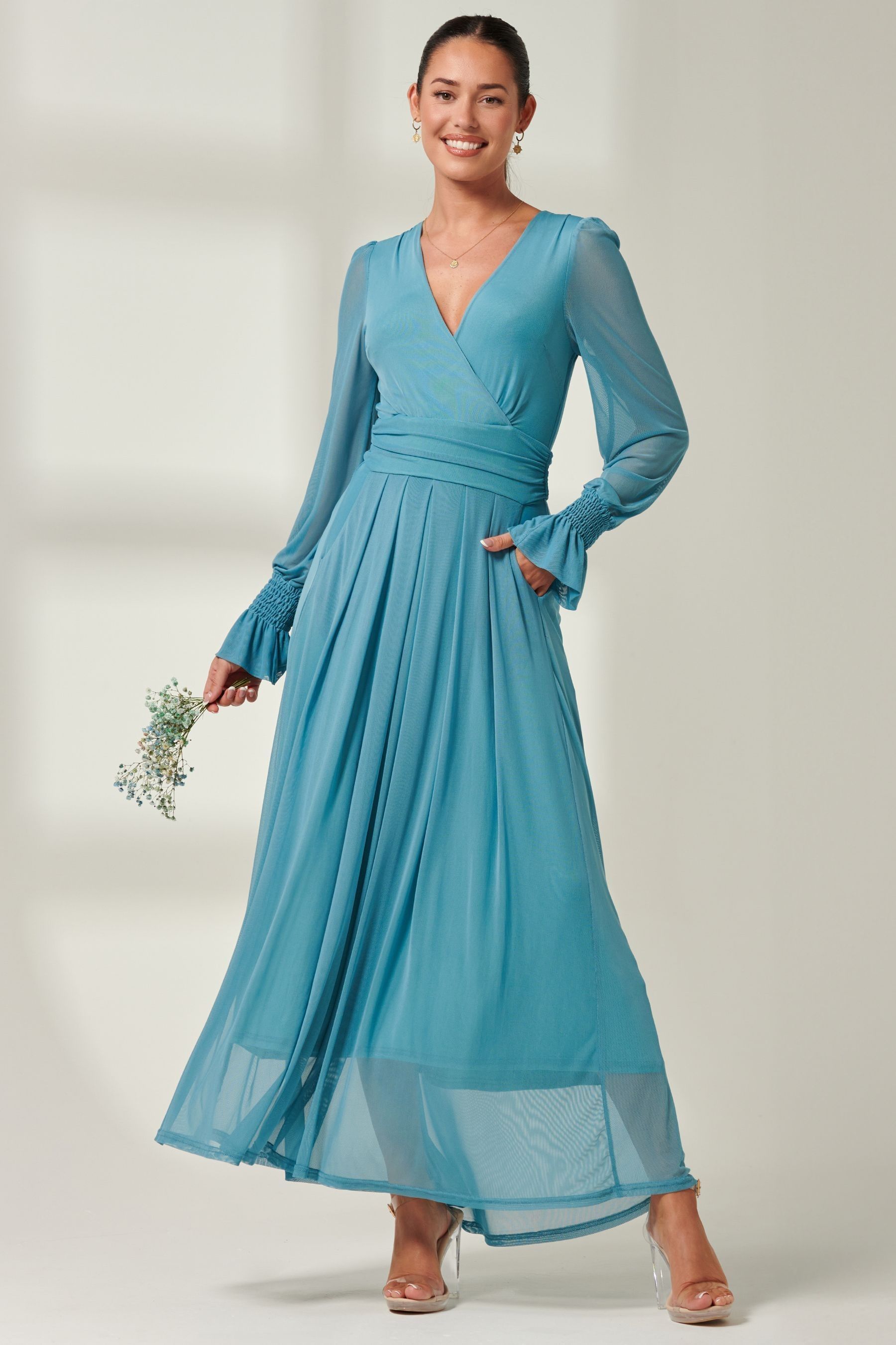 Buy Jolie Moi Blue Greta Long Sleeve Mesh Maxi Dress from the Next UK ...