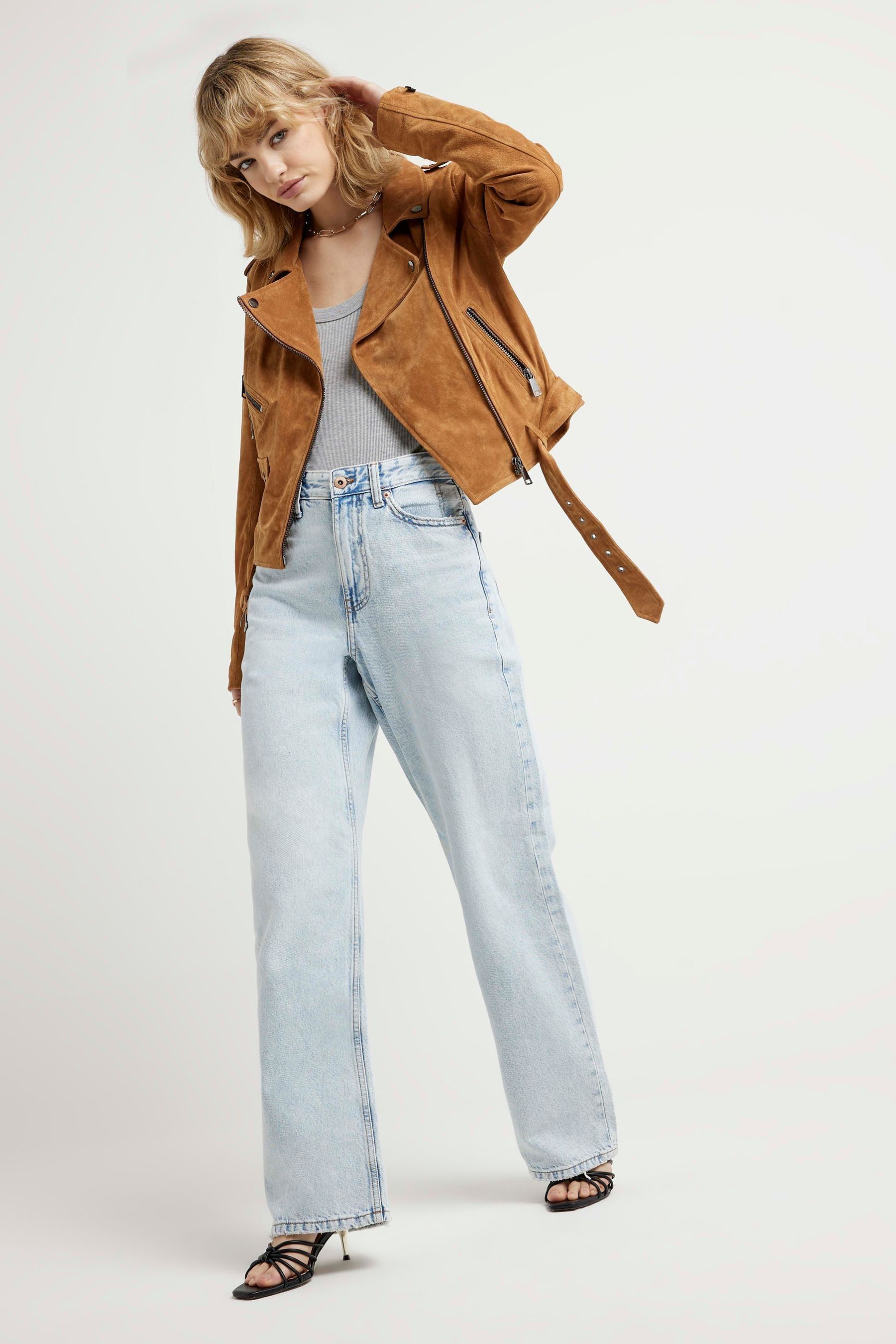 Buy River Island Brown Suede Zip Biker Jacket from Next Luxembourg