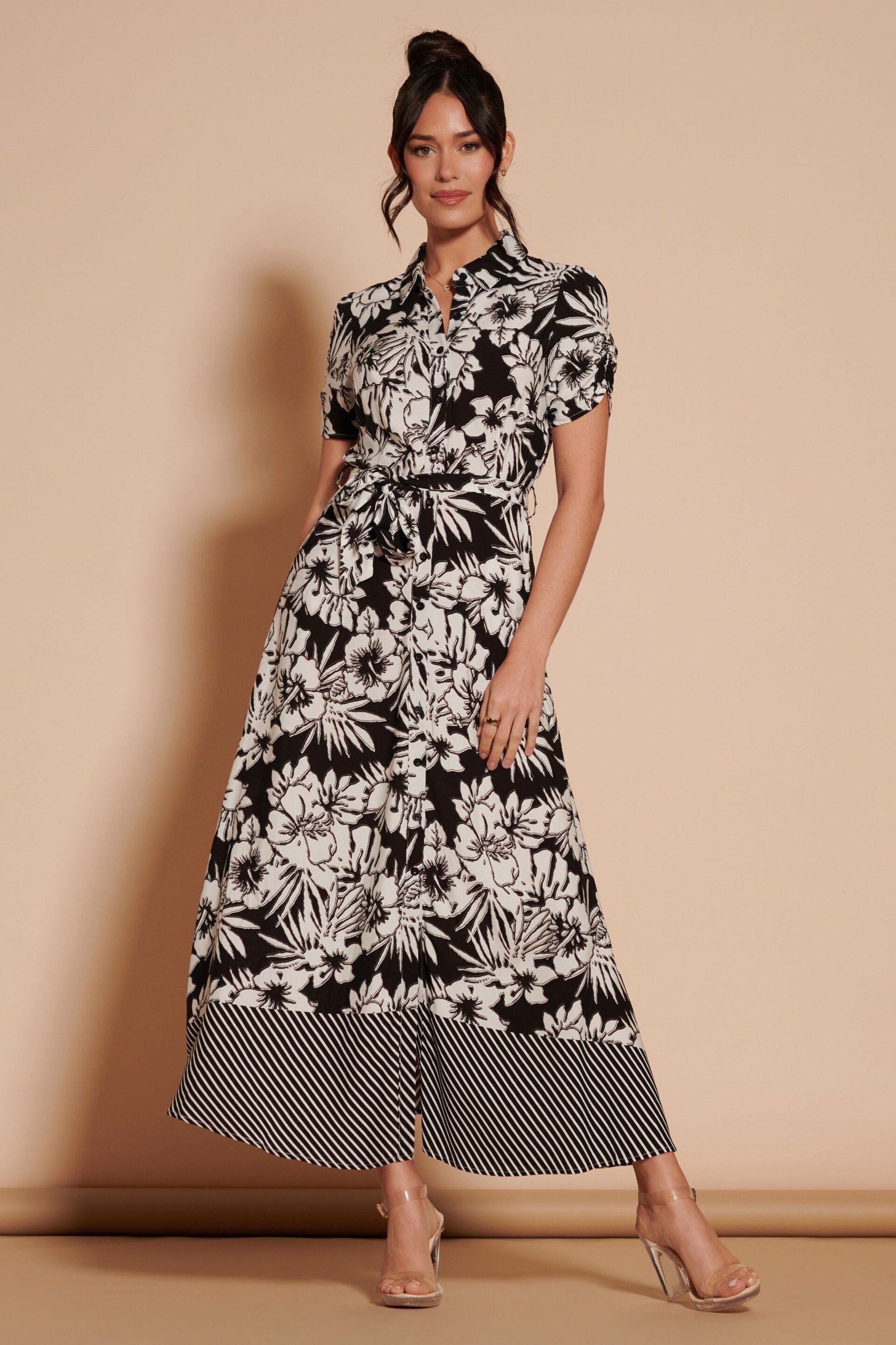 Jolie Moi Black Floral Elsie Viscose Shirt Maxi Dress - Image 1 of 6