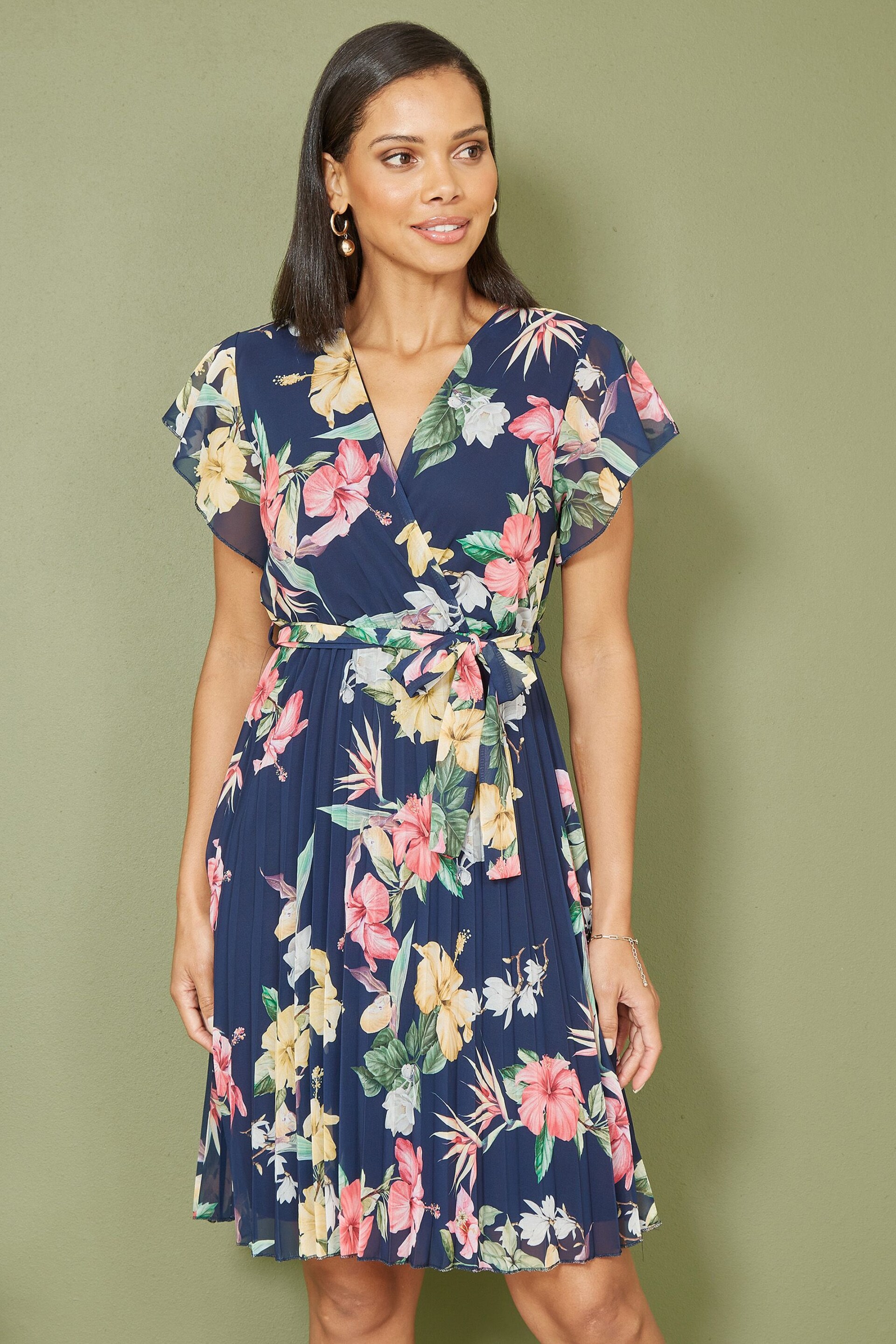 Mela Blue Floral Print Pleated Wrap Skater Dress - Image 2 of 5