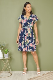 Mela Blue Floral Print Pleated Wrap Skater Dress - Image 3 of 5