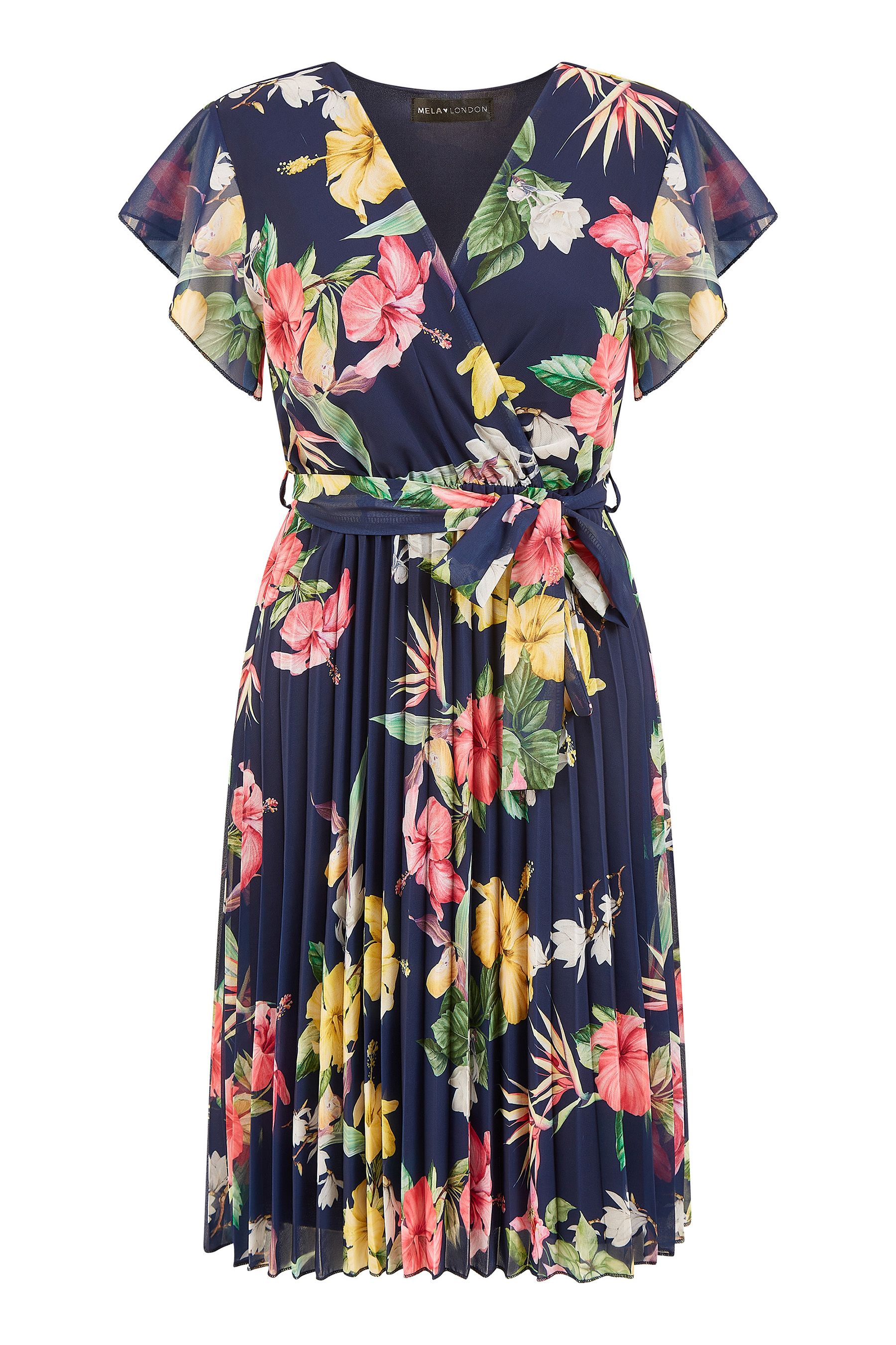 Buy Mela Blue Floral Print Pleated Wrap Skater Dress from Next Ireland