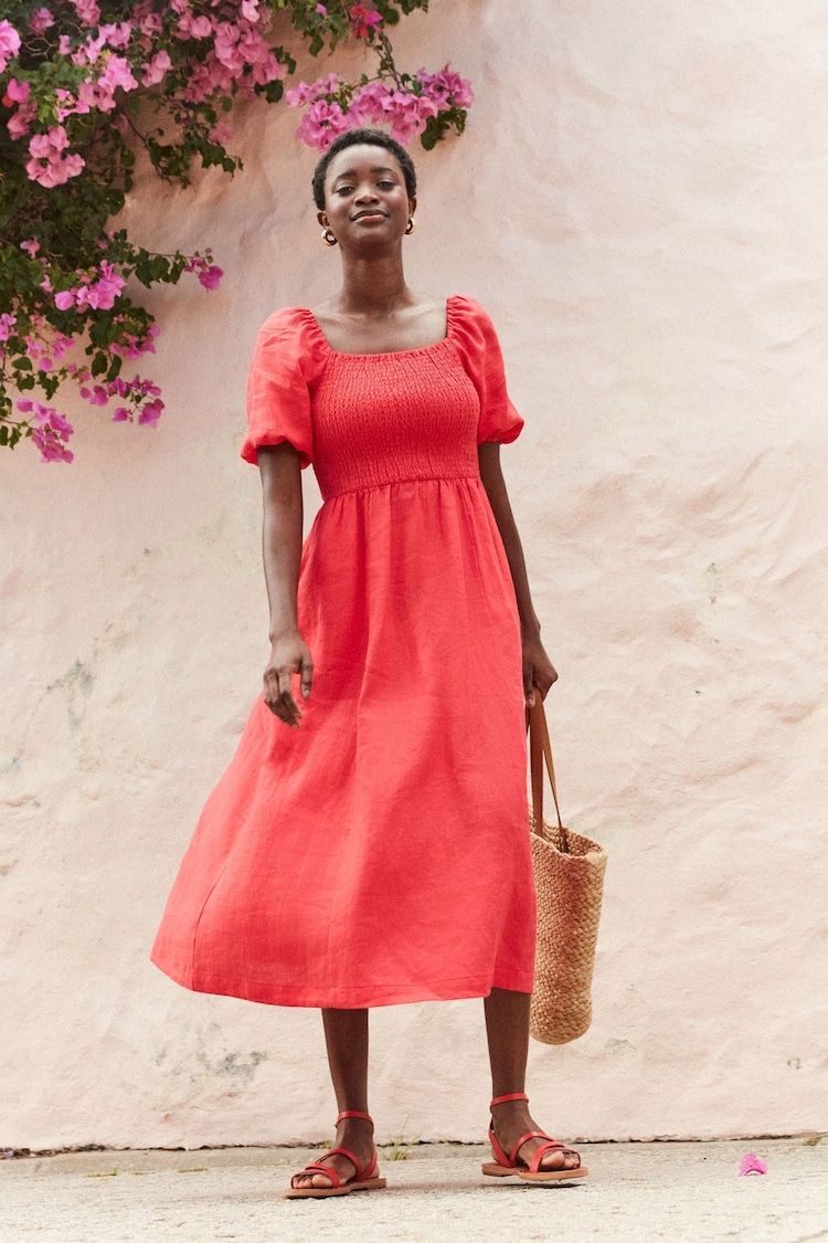 Boden Red Sky Smocked 100% Linen Midi Dress - Image 1 of 6