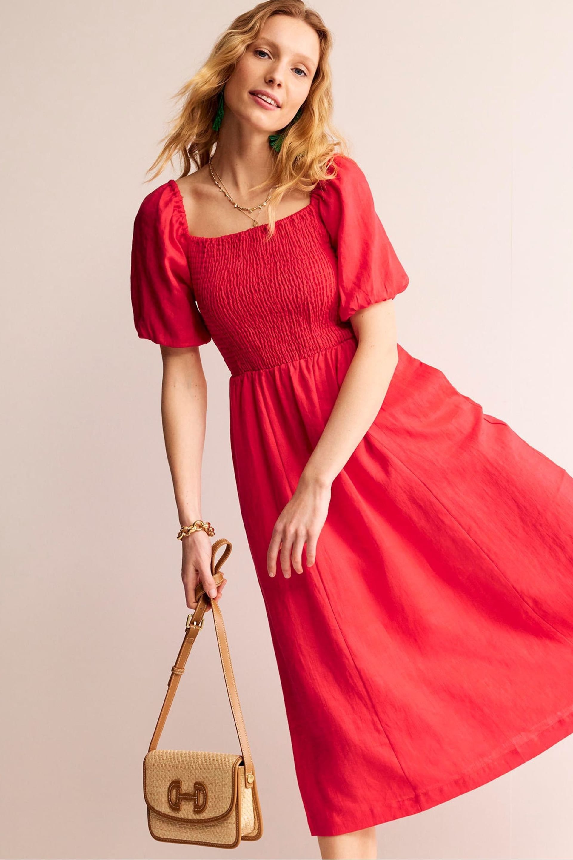 Boden Red Sky Smocked Linen Midi Dress - Image 2 of 6