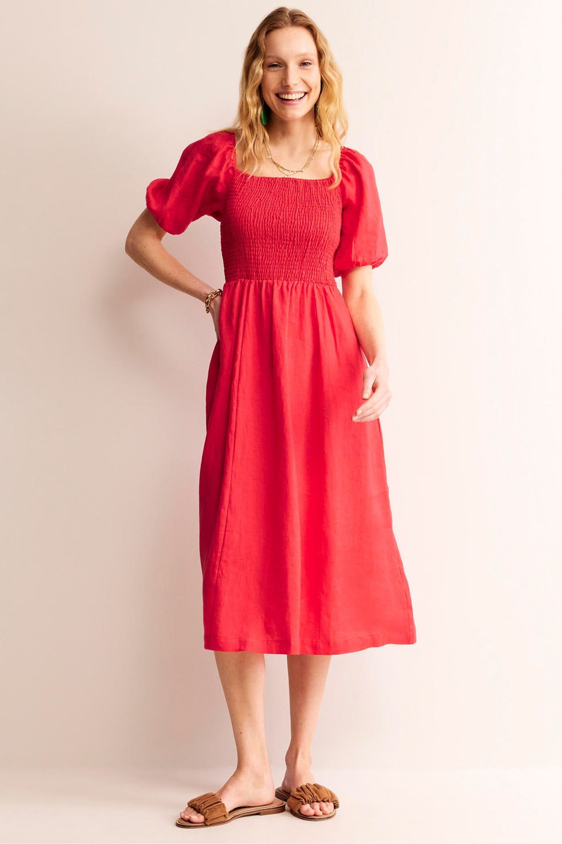 Boden Red Sky Smocked Linen Midi Dress - Image 3 of 6
