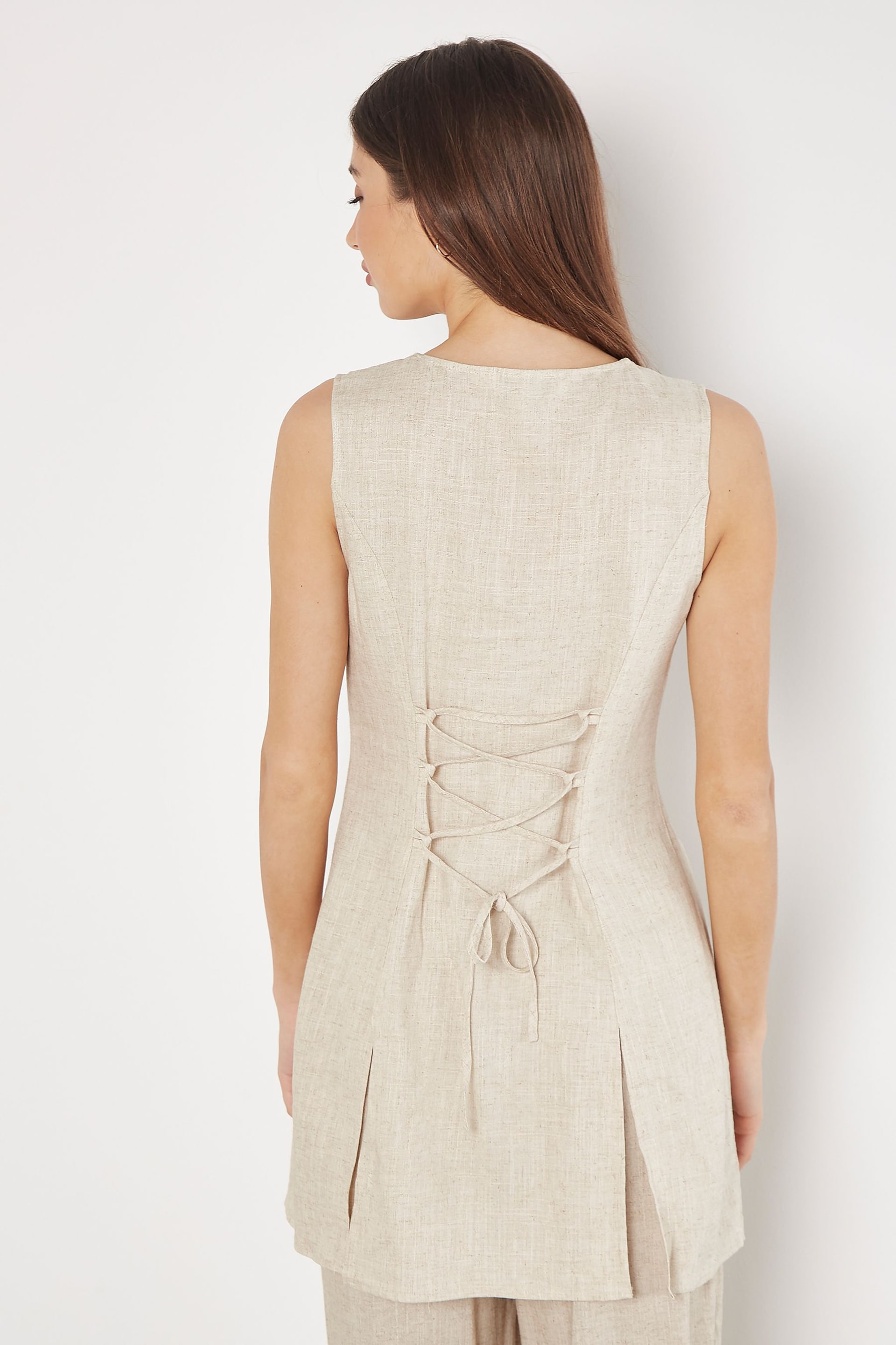 Apricot Natural Tie Back Longline Linen Waistcoat - Image 3 of 4