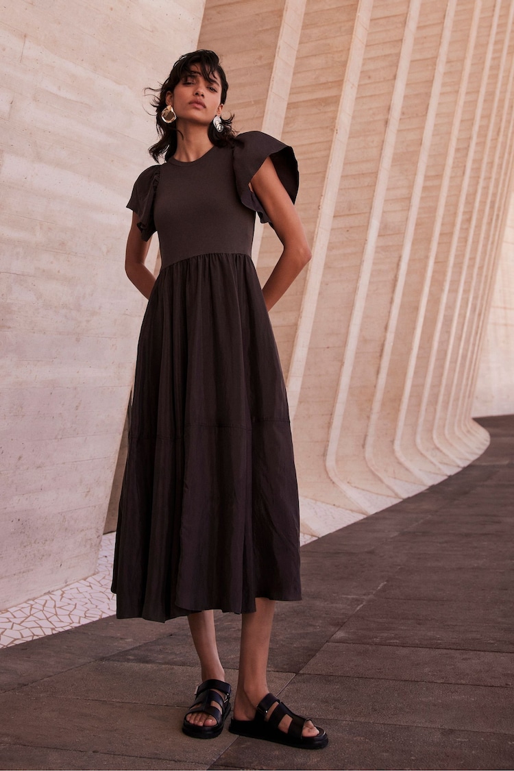 Mint Velvet Brown Jersey Ruffle Midi Dress - Image 1 of 3