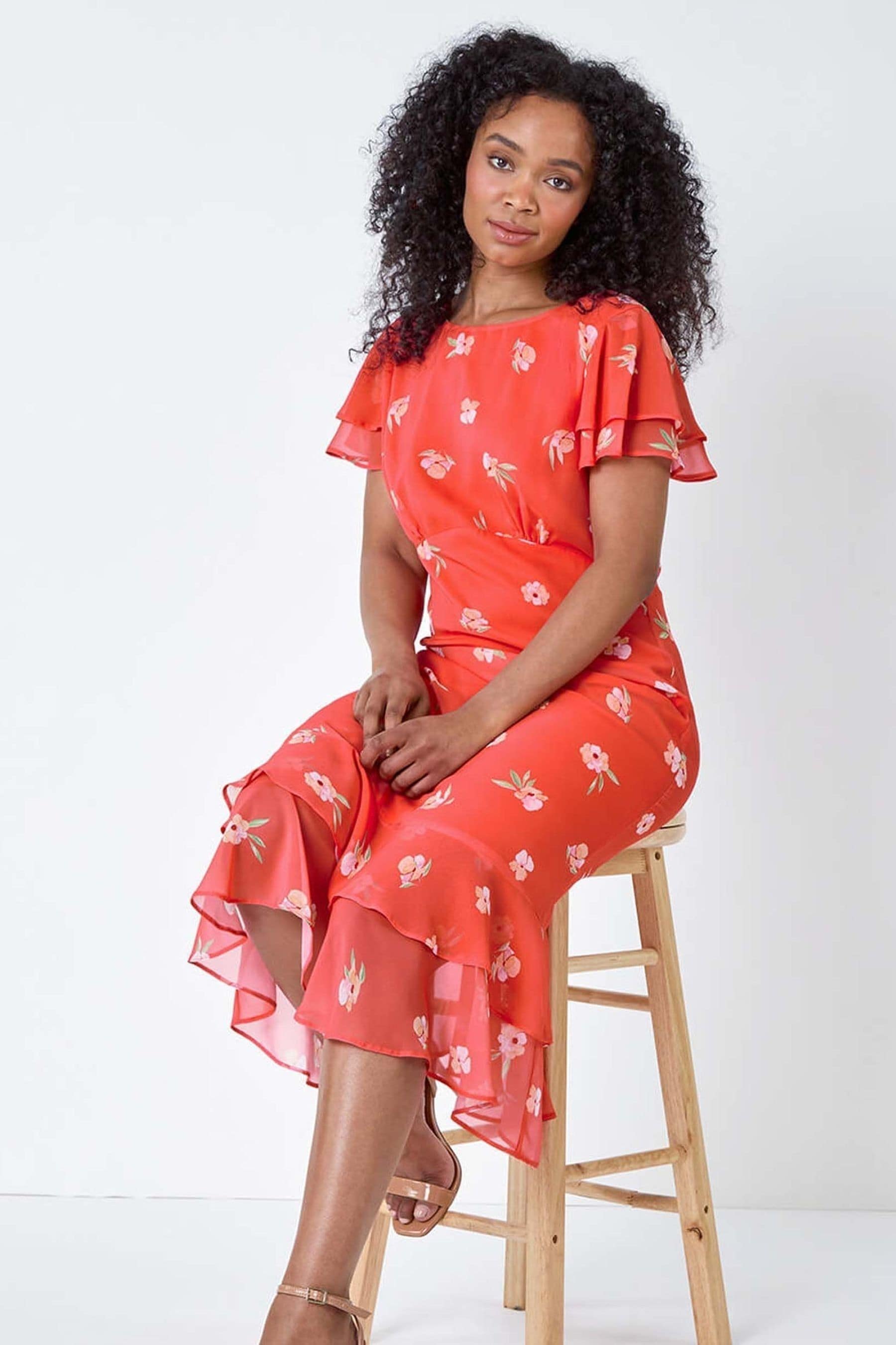 Buy Roman Orange Floral Frill Tiered Midi Dress from the Next UK online shop