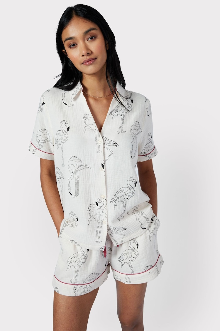 Chelsea Peers Cream 100% Cotton Cheesecloth Flamingo Sketch Print Short Pyjama Set - Image 2 of 5