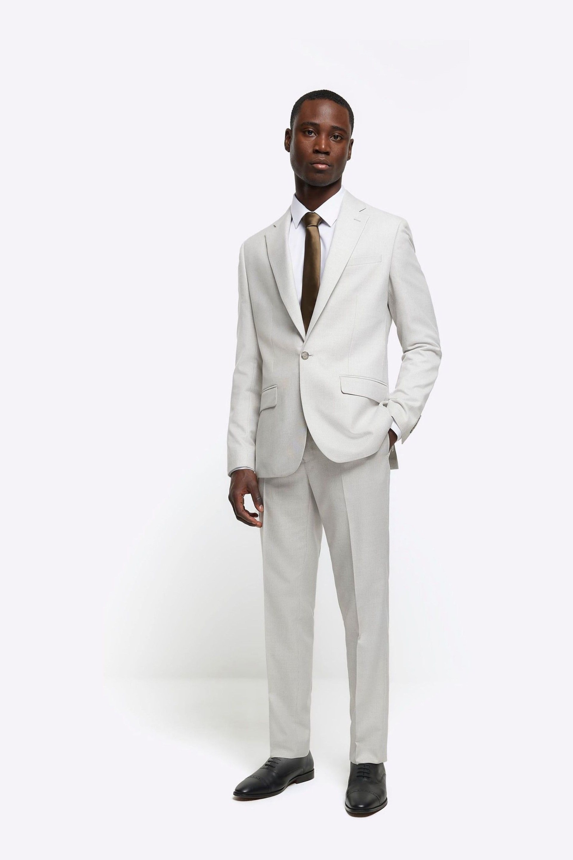 River Island Cream Ecru Dobbie Slim Fit Texture Suit Trousers - Image 2 of 6