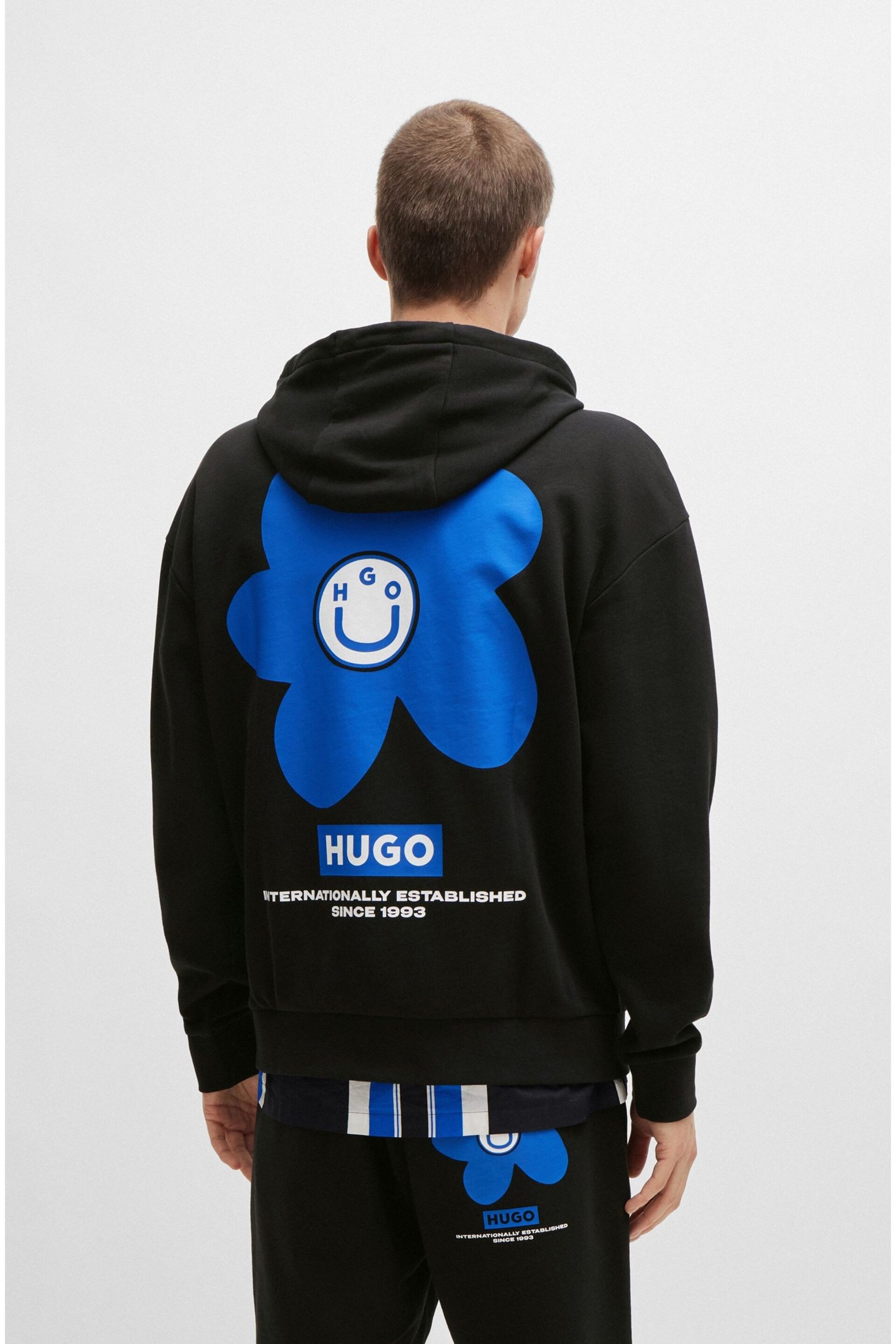 HUGO Blue Regular Fit Floral Graphic Back Print Hoodie - Image 7 of 8