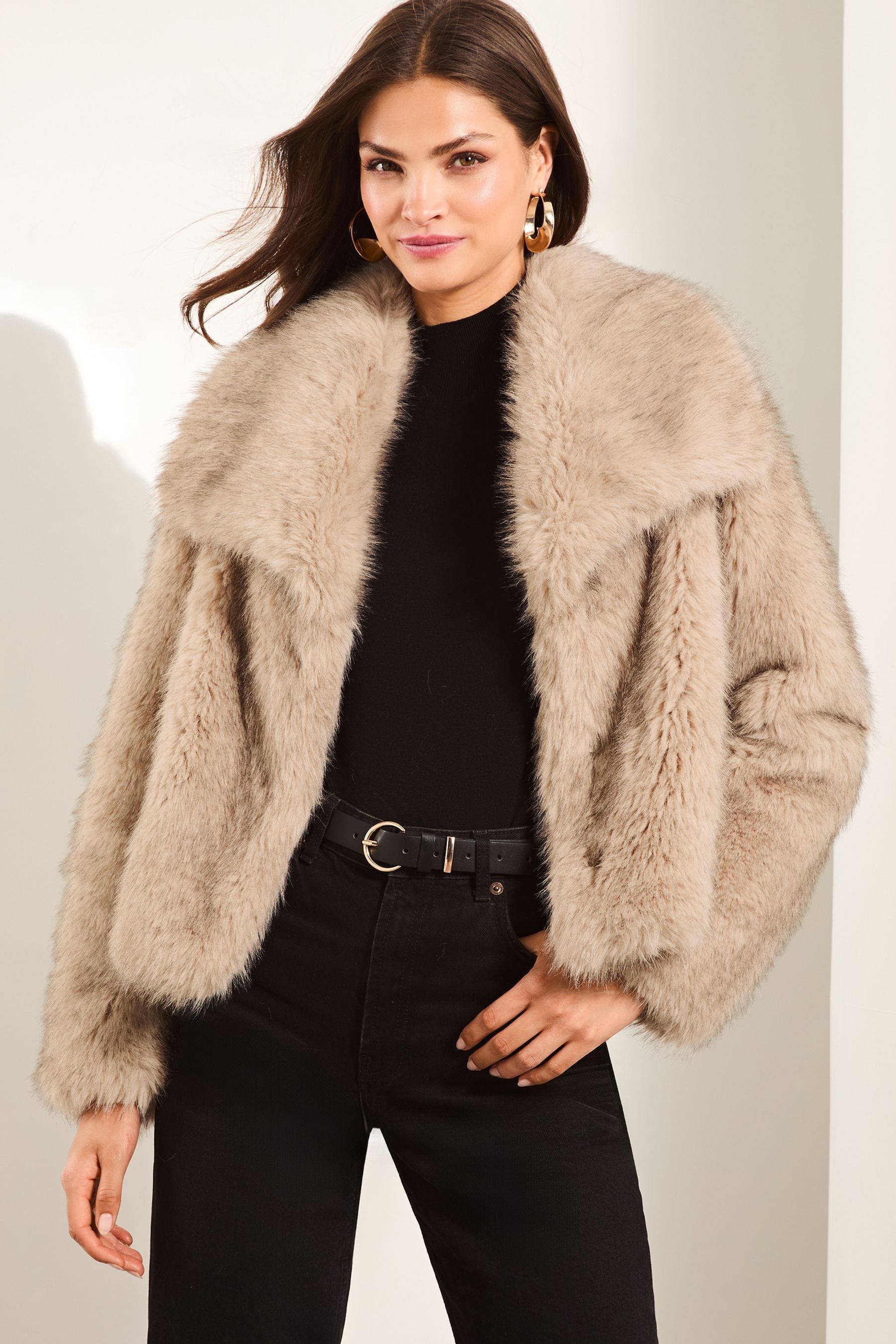 Lipsy Cream Faux Fur Shawl Collar Coat