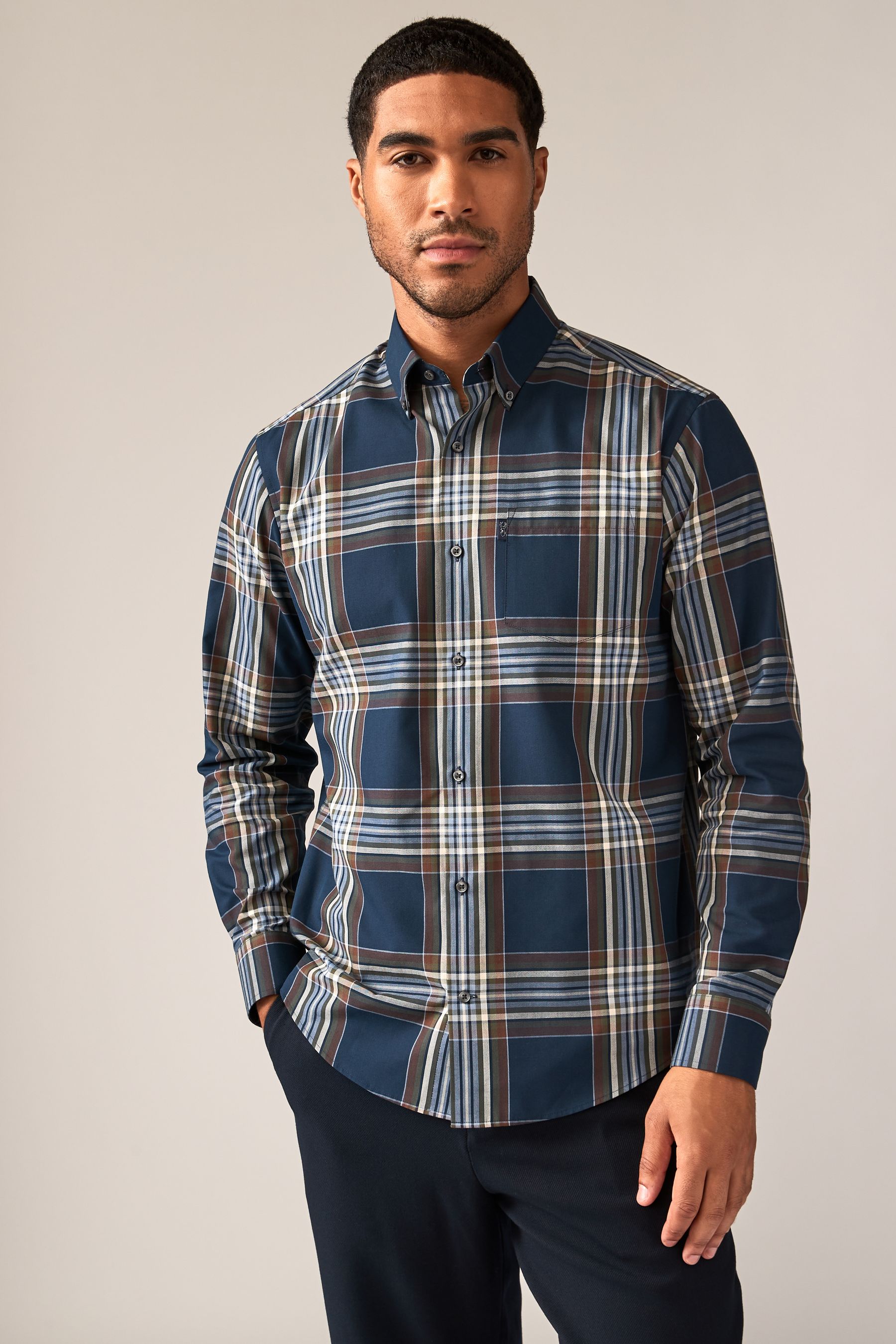 Buy Navy Blue Madras Check Regular Fit Easy Iron Button Down Oxford ...
