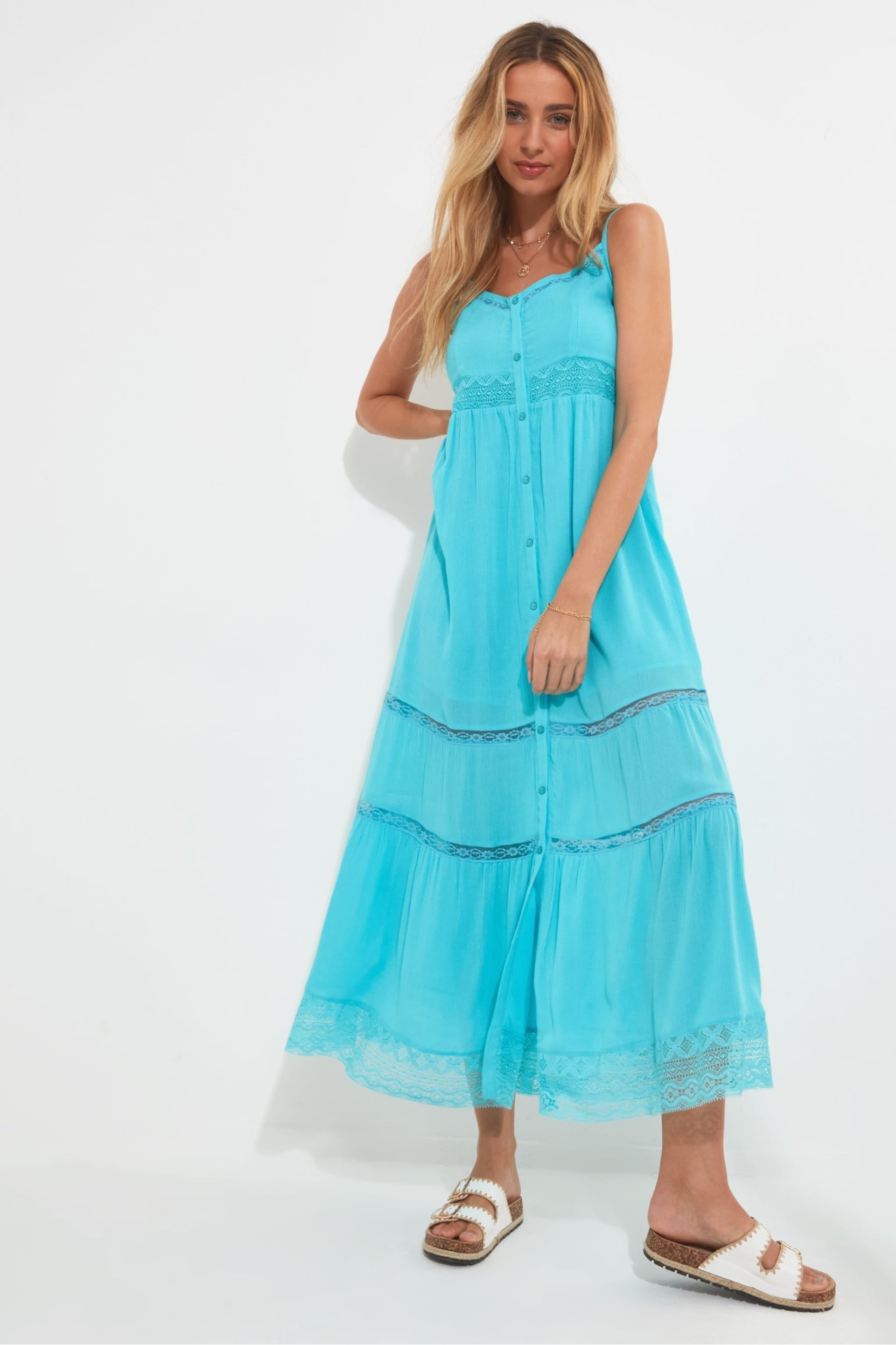 Joe Browns Blue Vibrant Tiered Strappy Button Through Maxi Sundress - Image 4 of 7