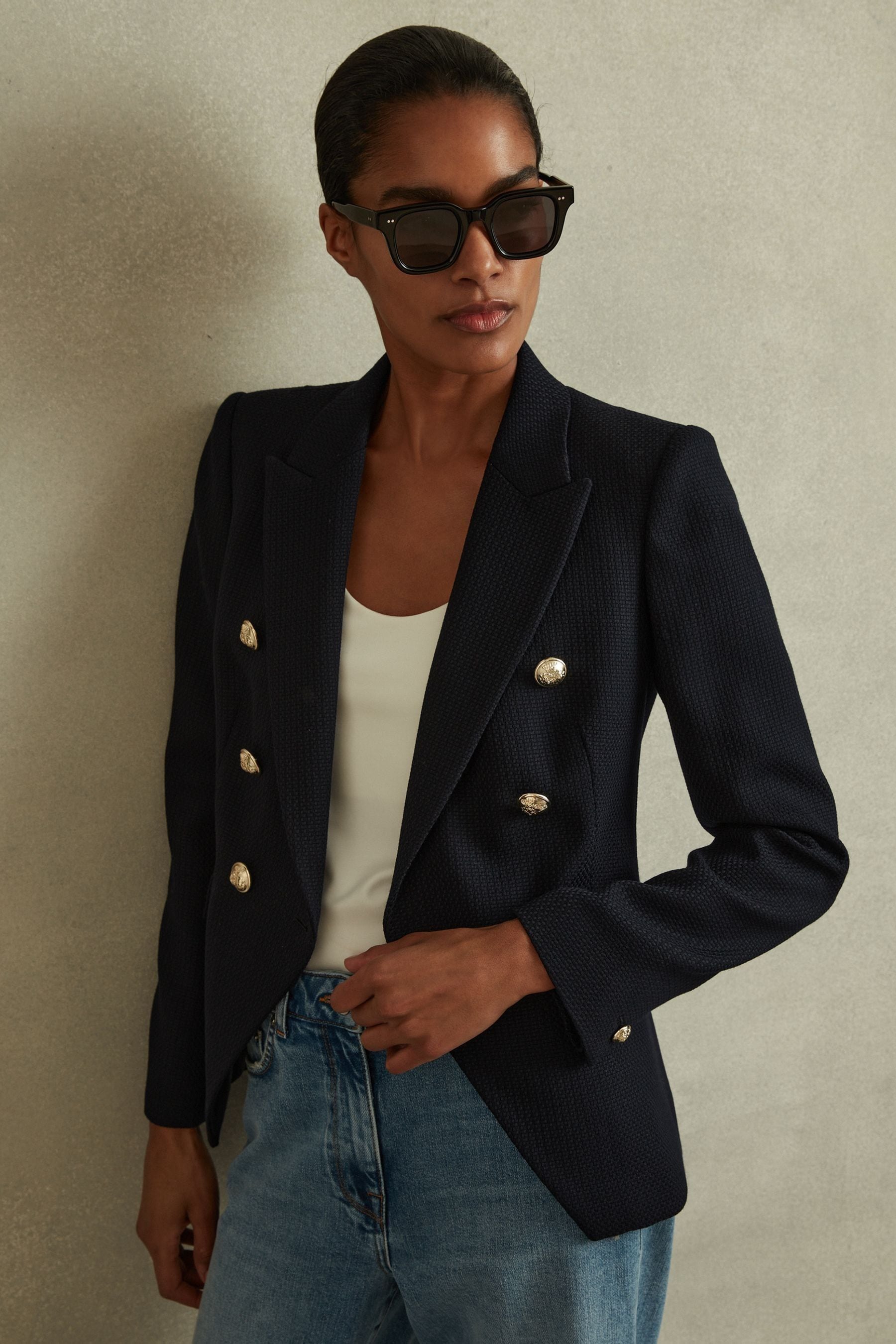 Buy Reiss Navy Tally Petite Tailored Fit Textured Double Breasted Blazer from Next Luxembourg