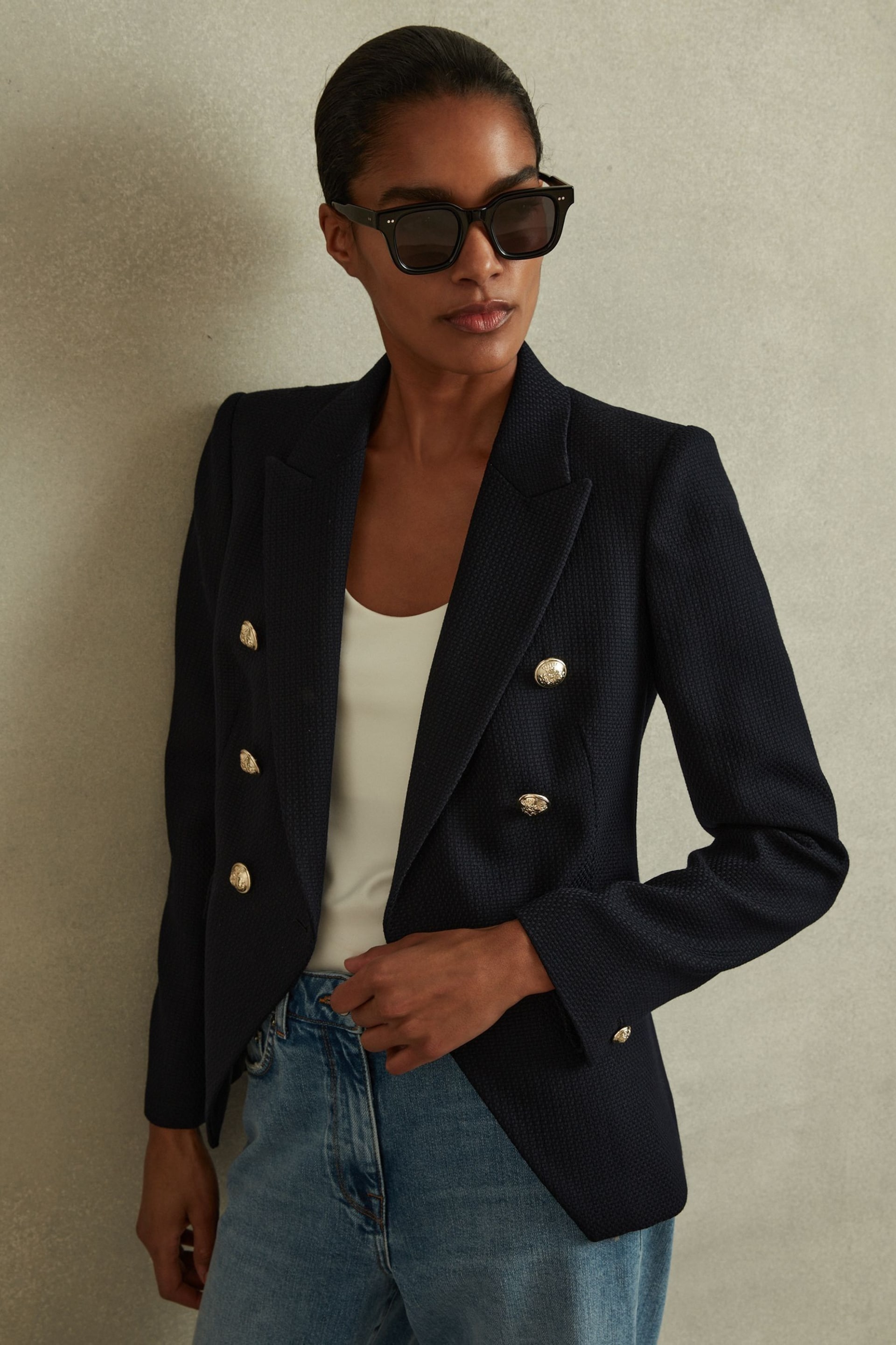 Reiss Navy Tally Petite Tailored Fit Textured Double Breasted Blazer - Image 1 of 7